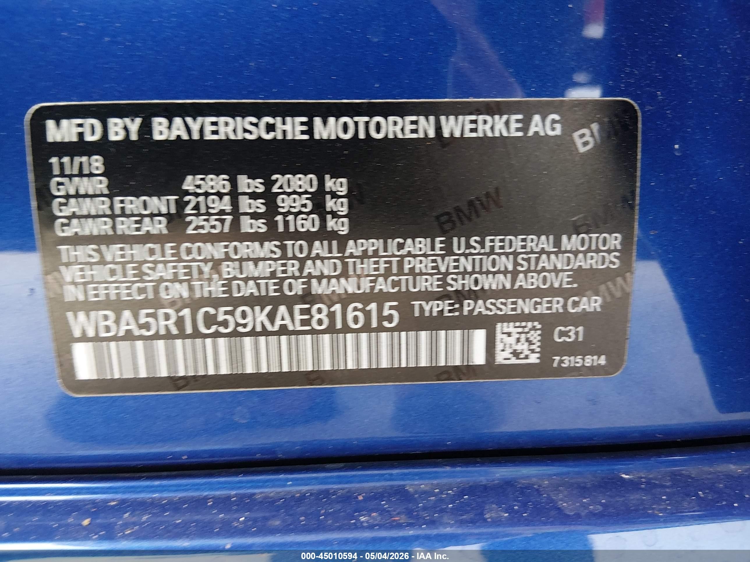 2019 Bmw 330i   Blue vin: WBA5R1C59KAE81615