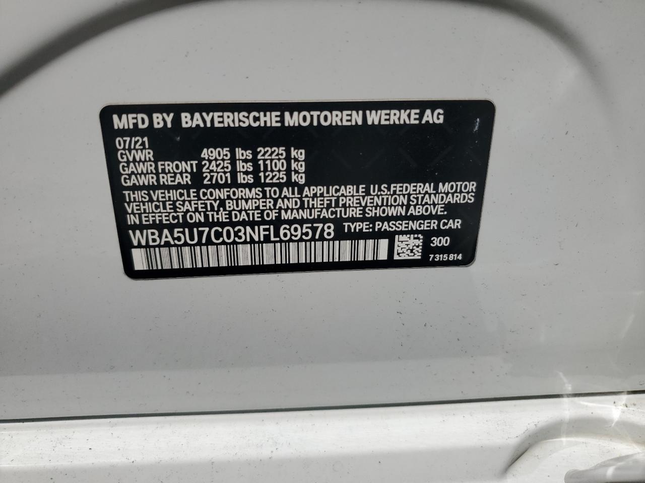 2022 Bmw M340i White vin: WBA5U7C03NFL69578