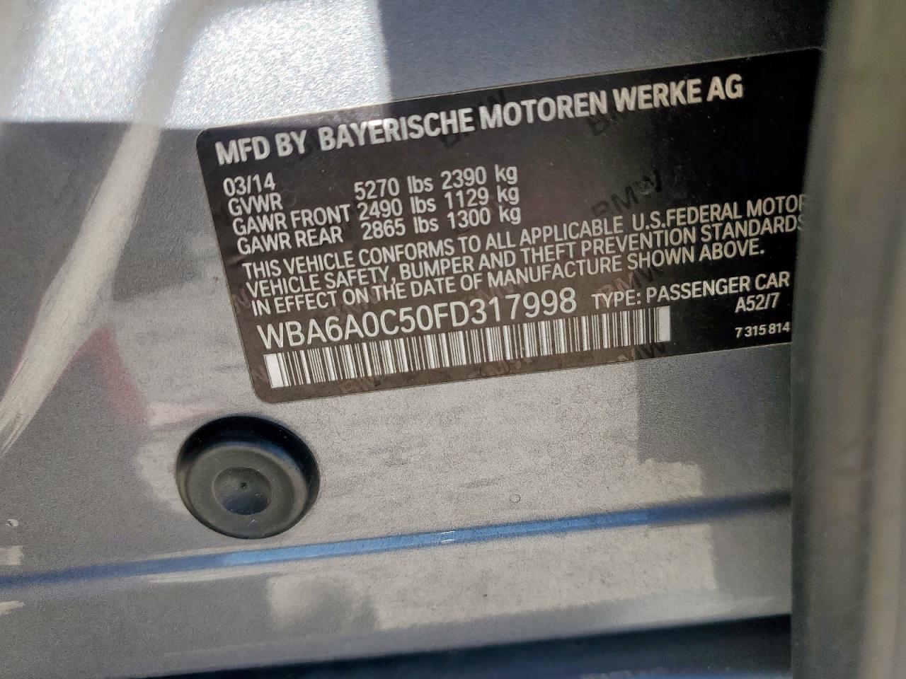 2015 Bmw 640 I Gran Coupe Gray vin: WBA6A0C50FD317998