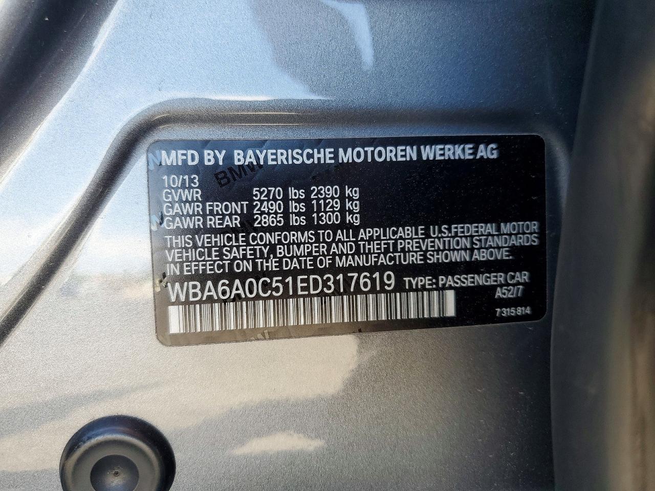 2014 Bmw 640 I Gran Coupe Gray vin: WBA6A0C51ED317619
