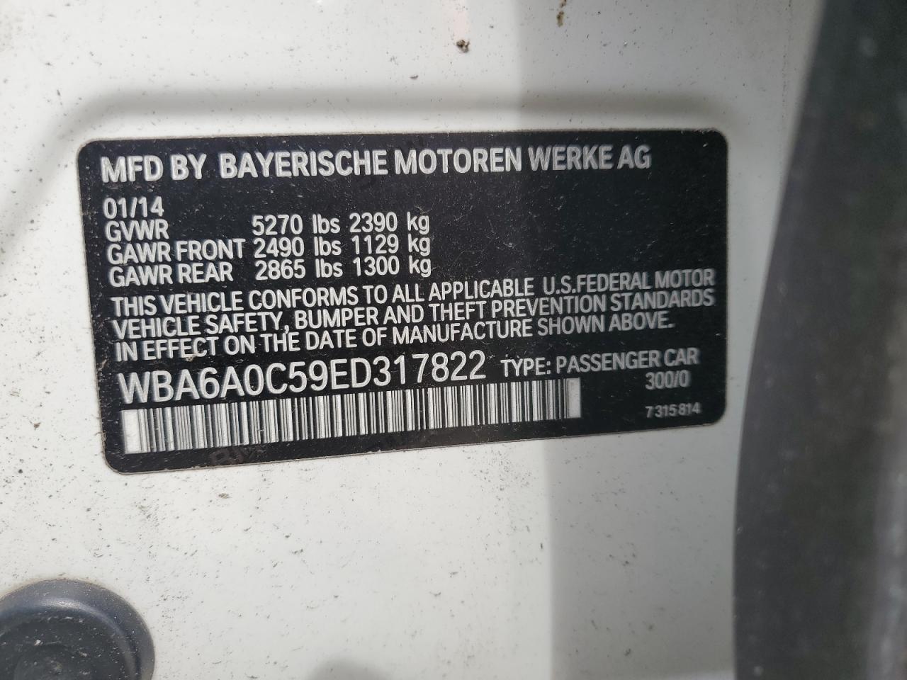 2014 Bmw 640 I Gran Coupe White vin: WBA6A0C59ED317822