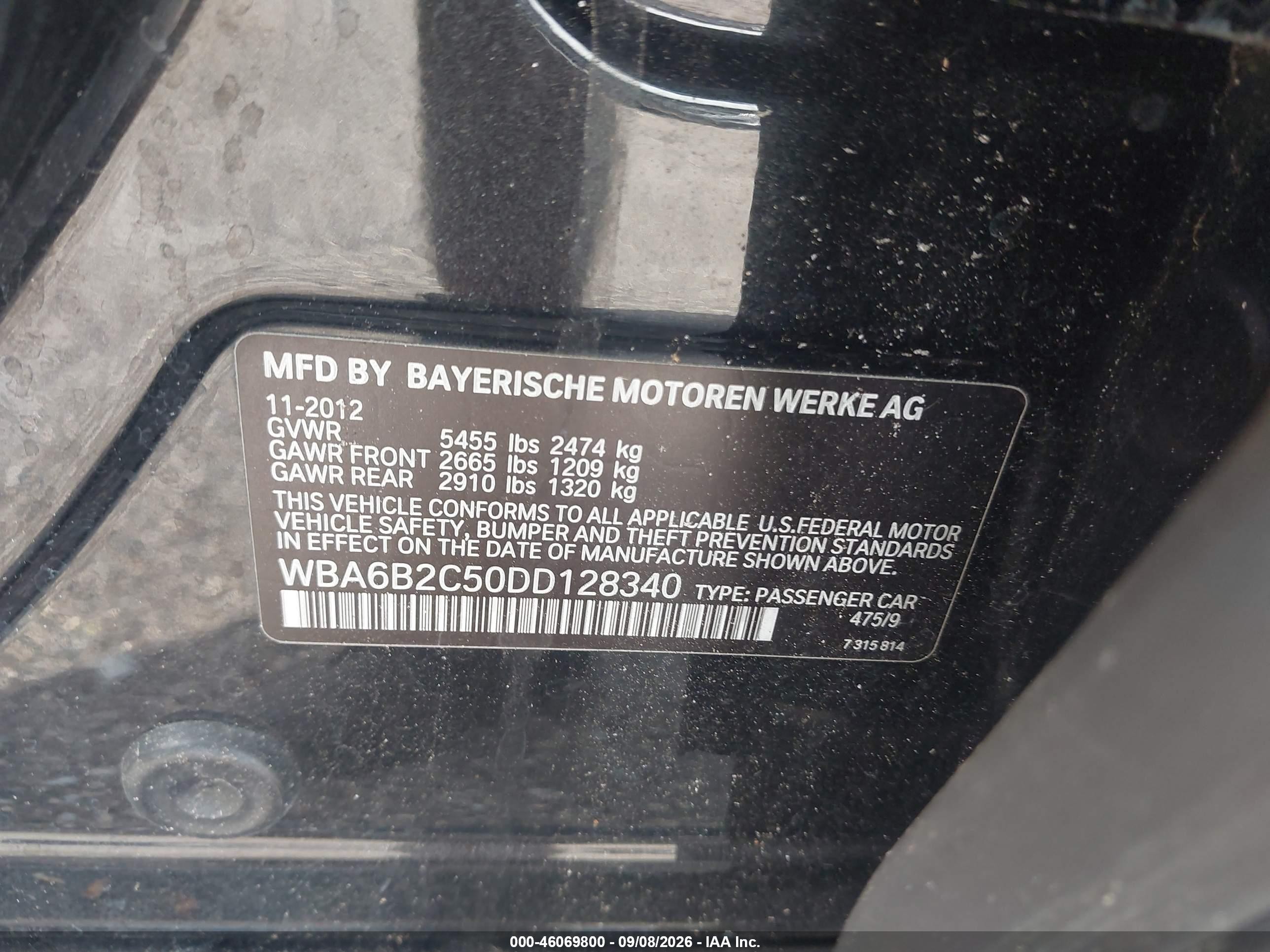 2013 Bmw 6 Series 650i Черный vin: WBA6B2C50DD128340