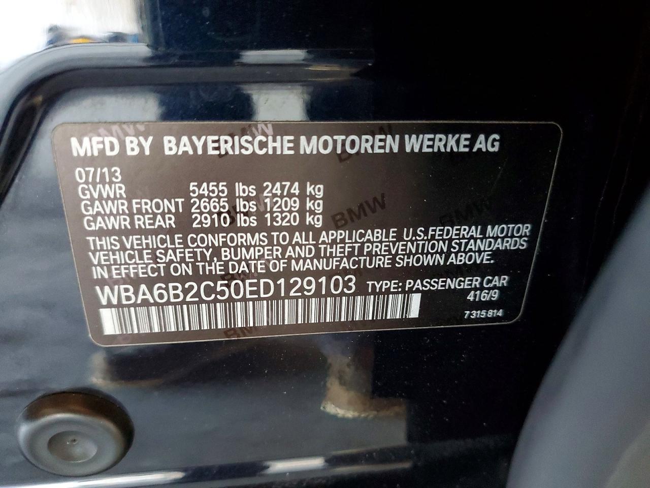 2014 Bmw 650 I Gran Coupe Charcoal vin: WBA6B2C50ED129103