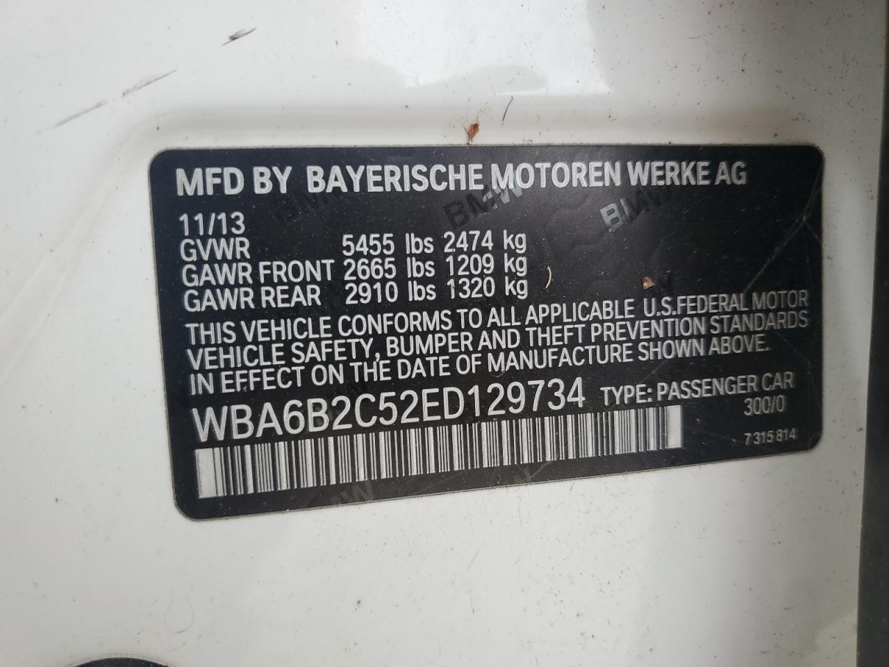 2014 Bmw 650 I Gran Coupe White vin: WBA6B2C52ED129734