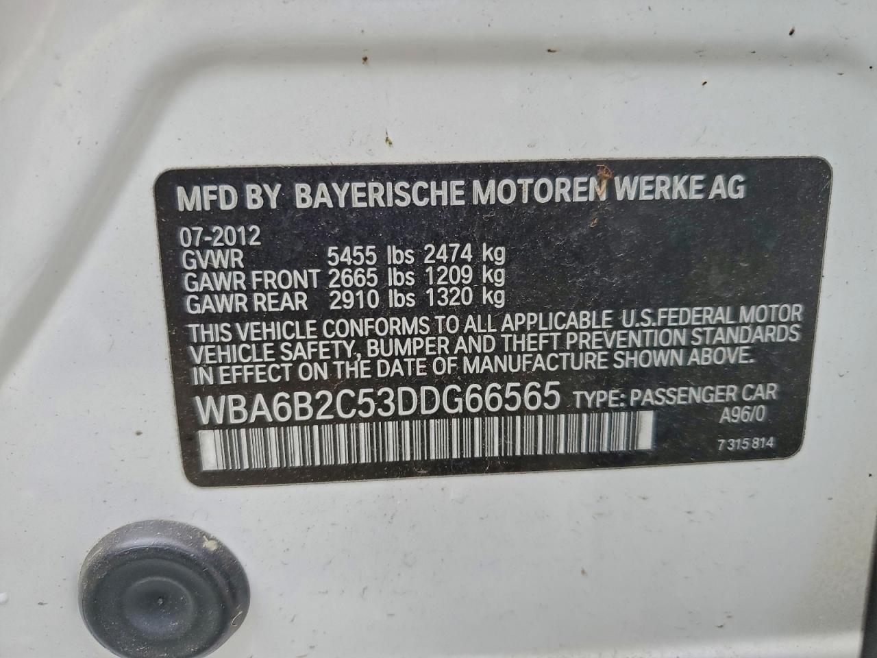 2013 Bmw 650 I White vin: WBA6B2C53DDG66565