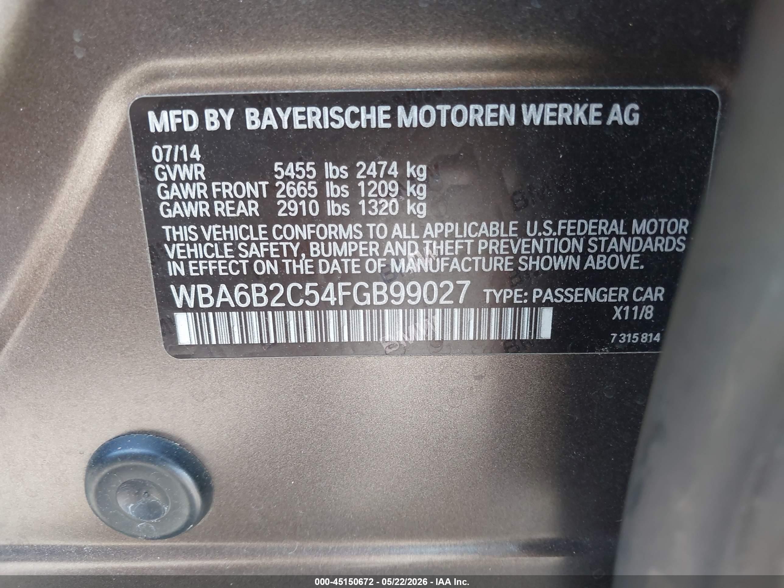 2015 Bmw 650i Gran Coupe   Brown vin: WBA6B2C54FGB99027