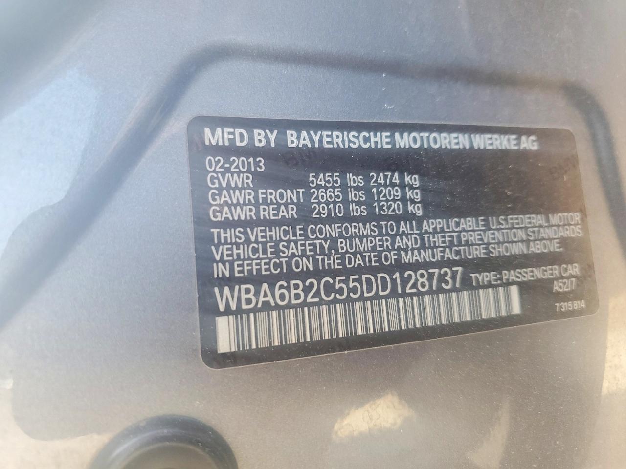 2013 Bmw 650 I Gray vin: WBA6B2C55DD128737