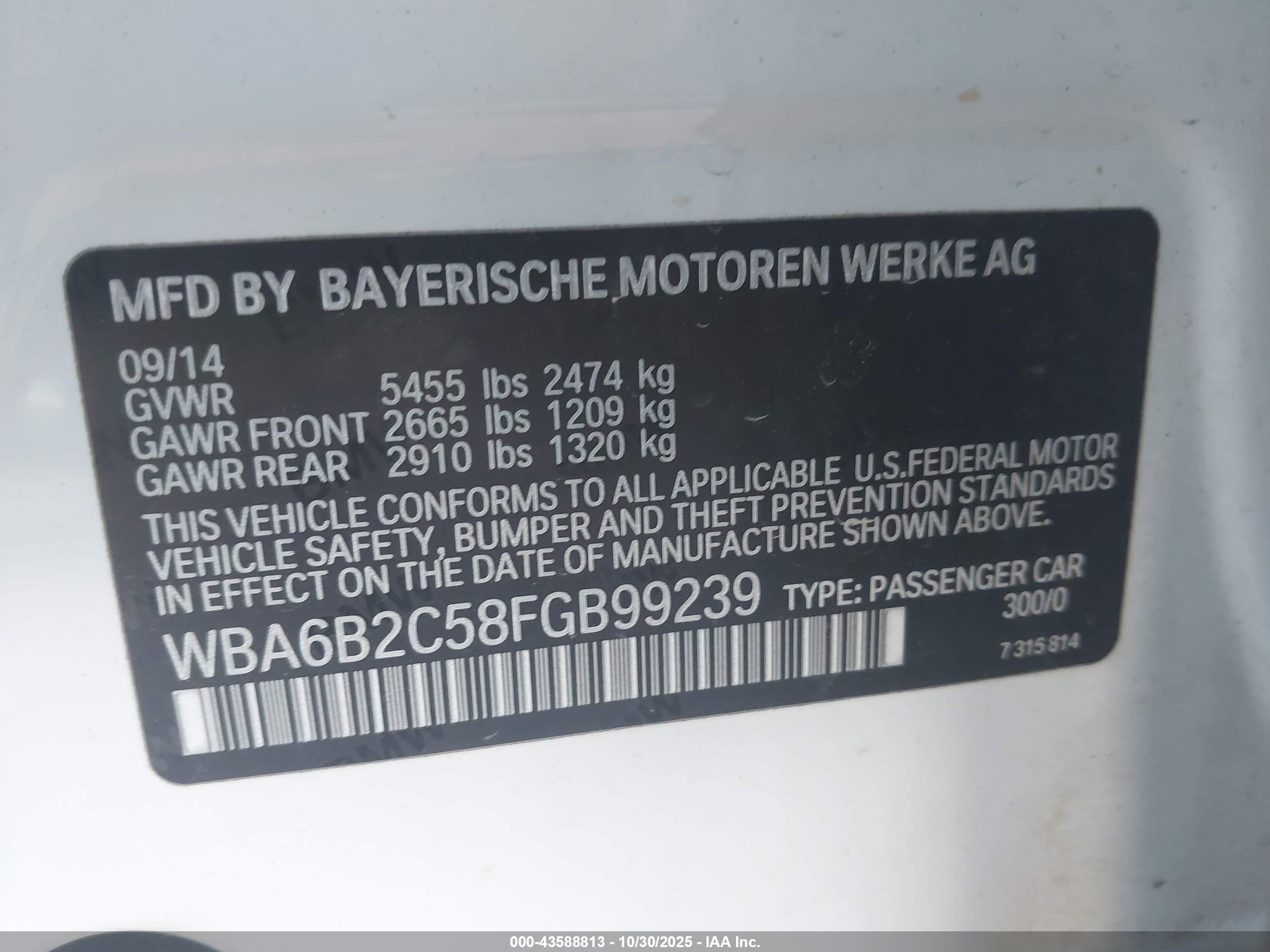 2015 Bmw 650i Gran Coupe   White vin: WBA6B2C58FGB99239