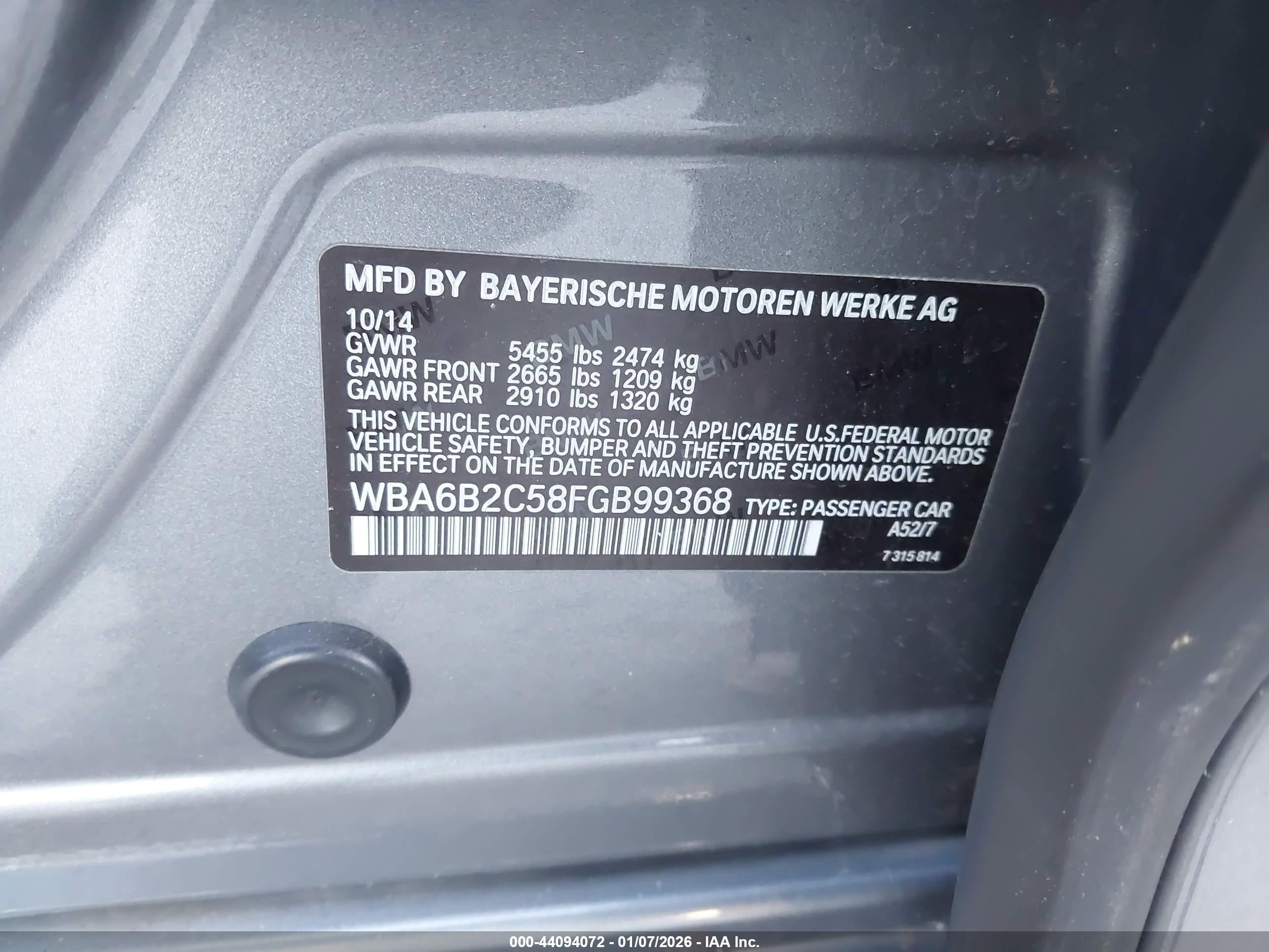 2015 Bmw 650i Gran Coupe   Gray vin: WBA6B2C58FGB99368