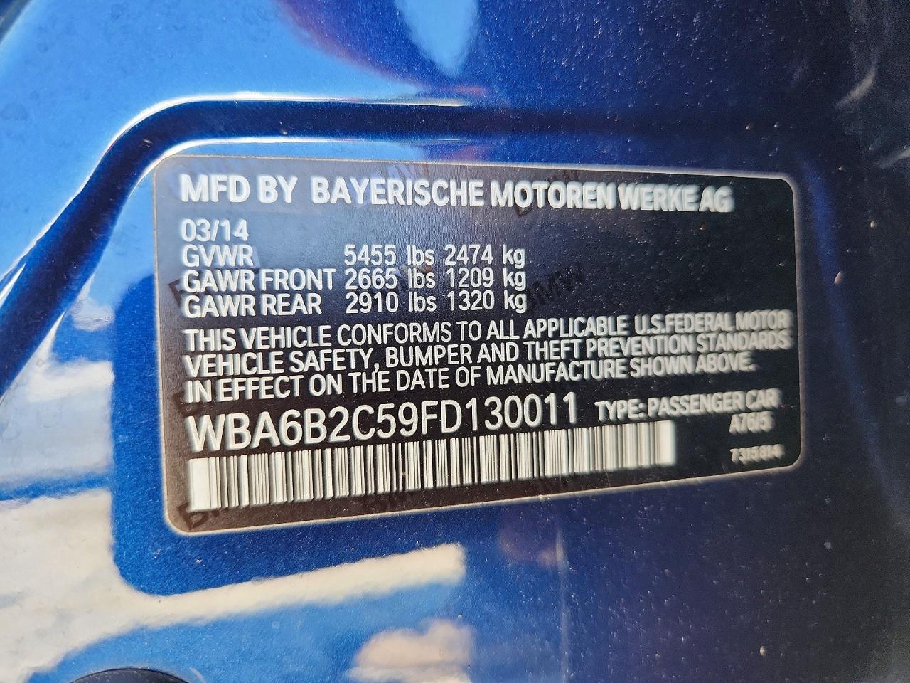 2015 Bmw 650 I Gran Coupe Blue vin: WBA6B2C59FD130011