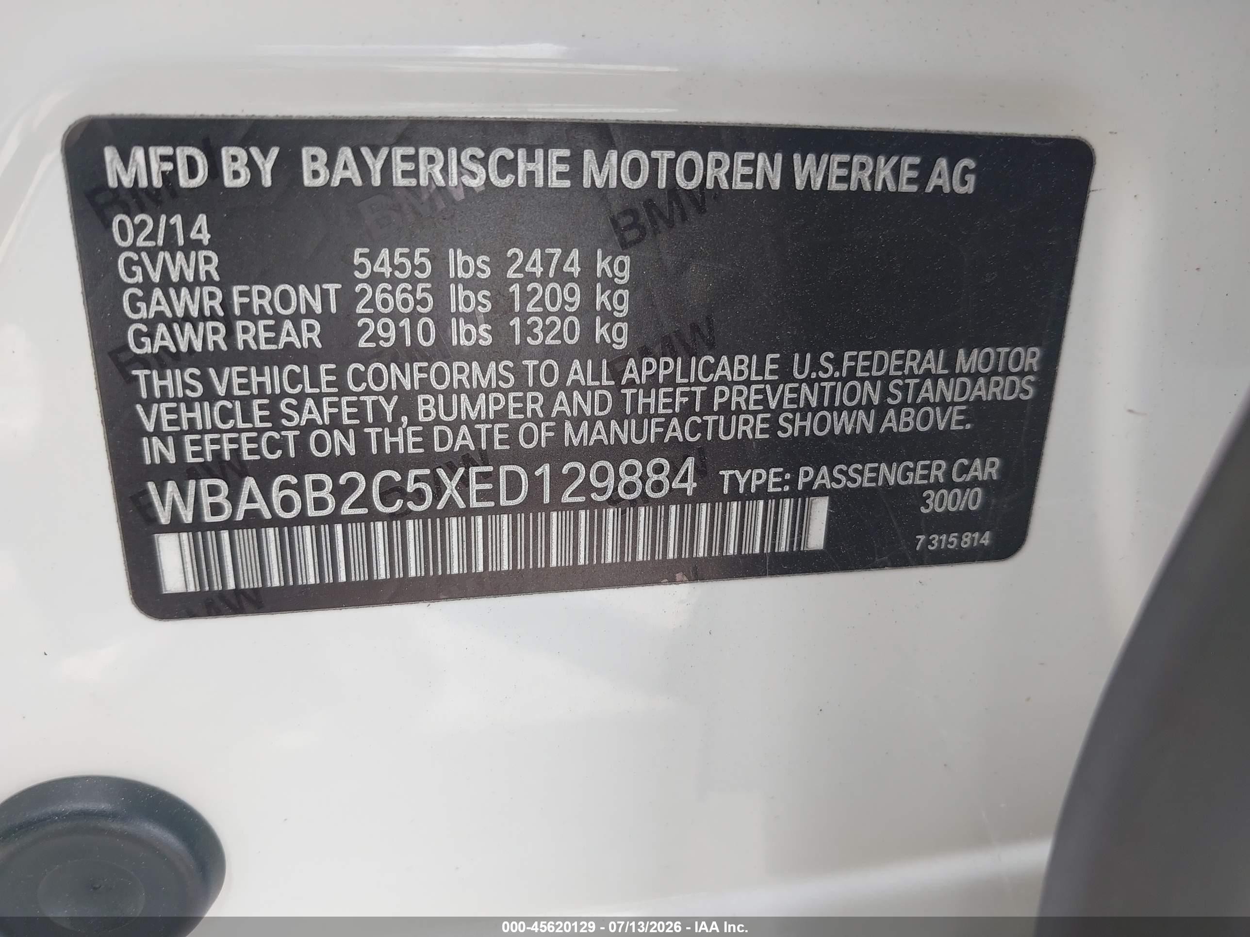 2014 Bmw 650i Gran Coupe   White vin: WBA6B2C5XED129884