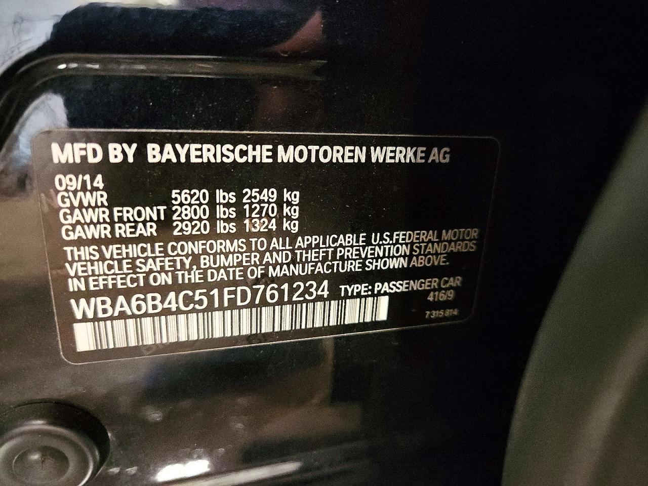 2015 Bmw 650 Black vin: WBA6B4C51FD761234