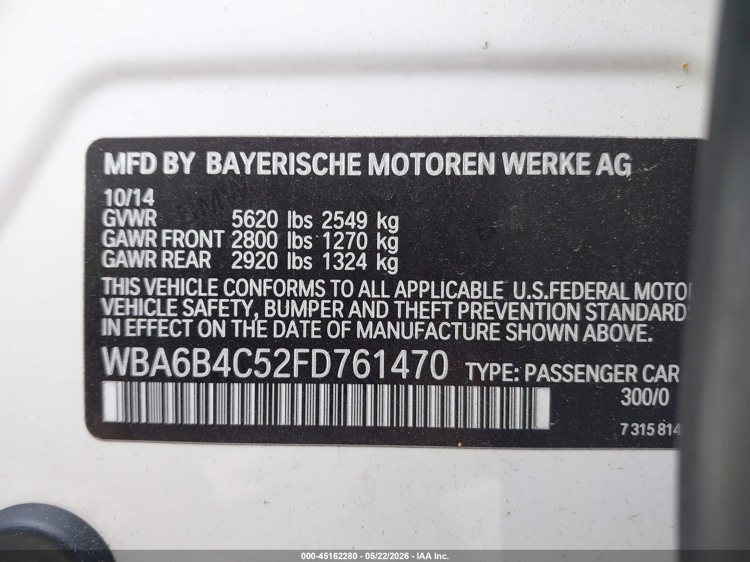 2015 Bmw 650i Gran Coupe Xdrive Белый vin: WBA6B4C52FD761470