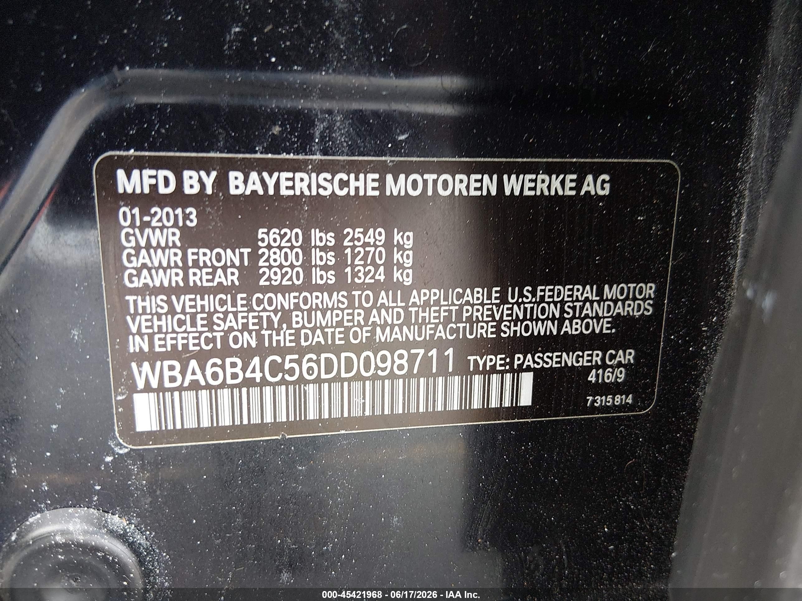 2013 Bmw 650i Gran Coupe Xdrive Blue vin: WBA6B4C56DD098711