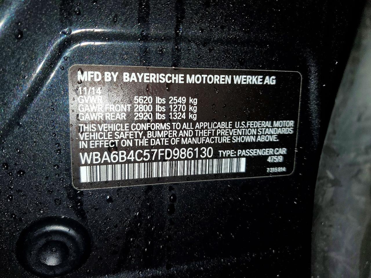 2015 Bmw Alpina B6 Black vin: WBA6B4C57FD986130