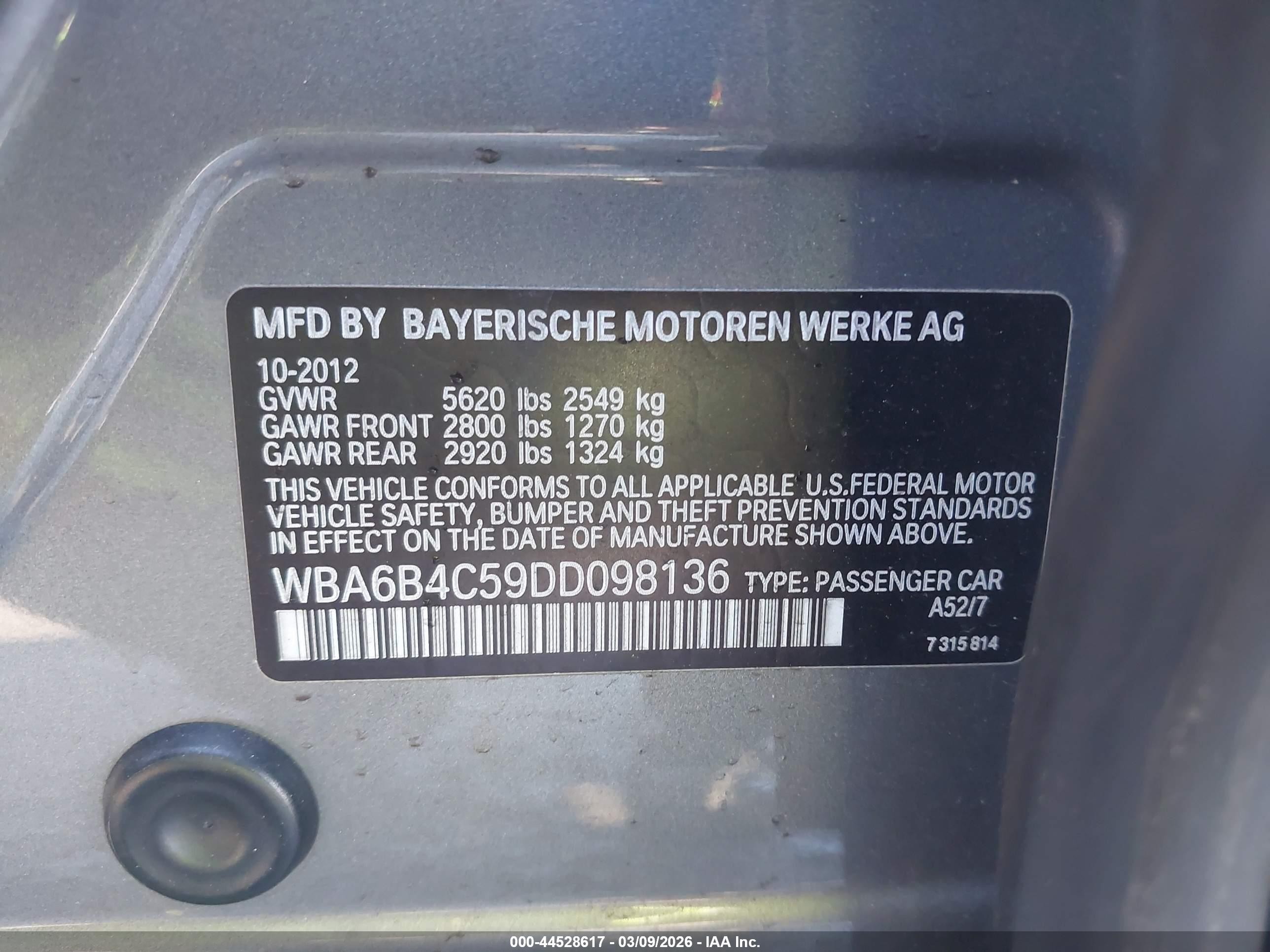 2013 Bmw 650i Gran Coupe Xdrive Gray vin: WBA6B4C59DD098136