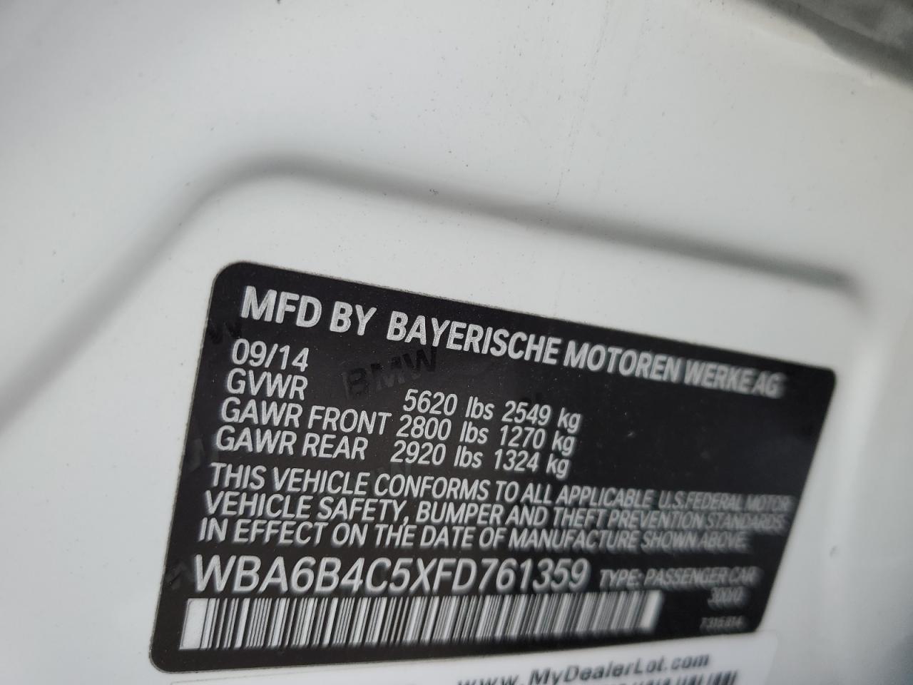 2015 Bmw 650 Xi Gran Coupe White vin: WBA6B4C5XFD761359