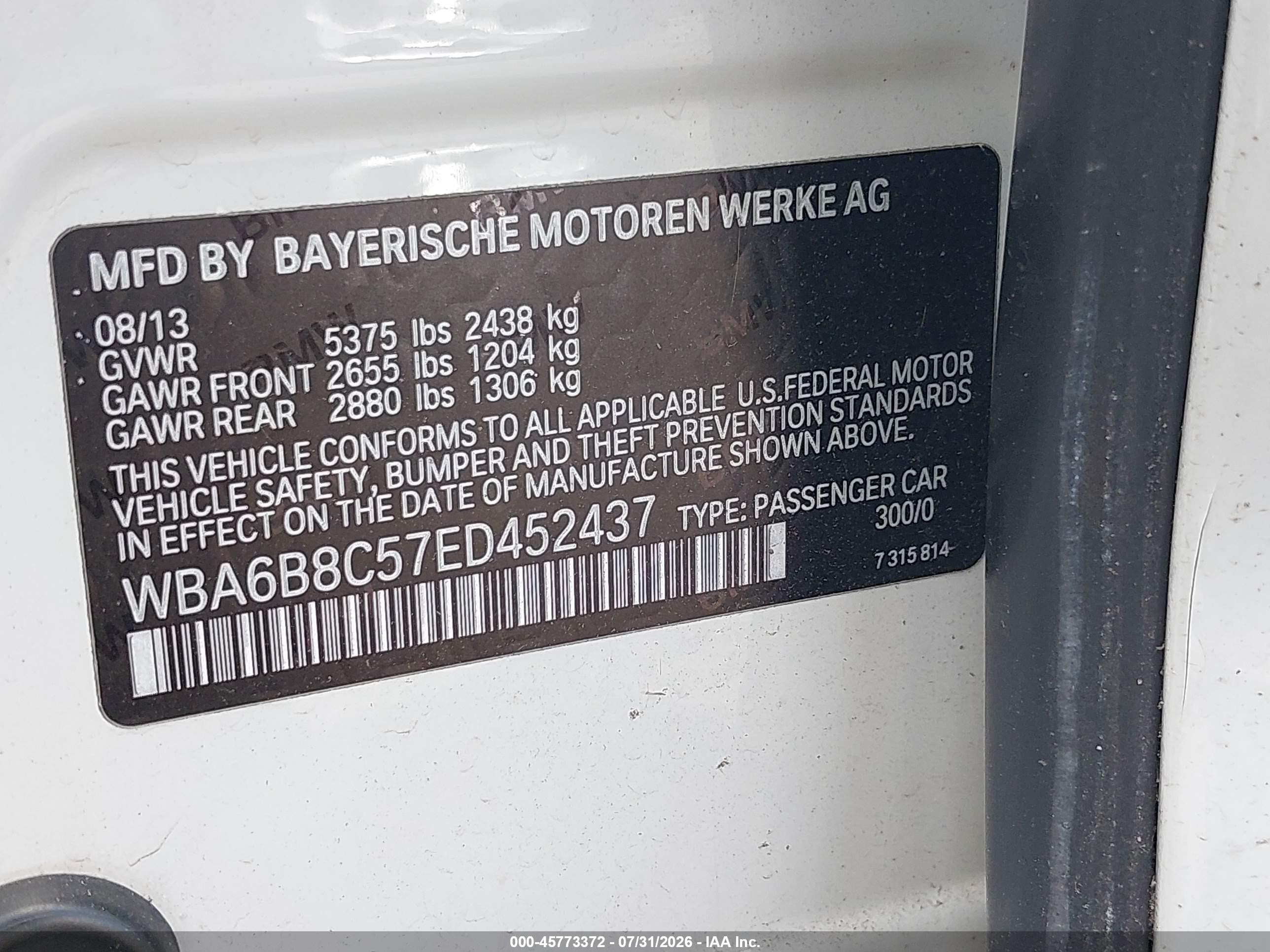 2014 Bmw 640i Gran Coupe Xdrive White vin: WBA6B8C57ED452437