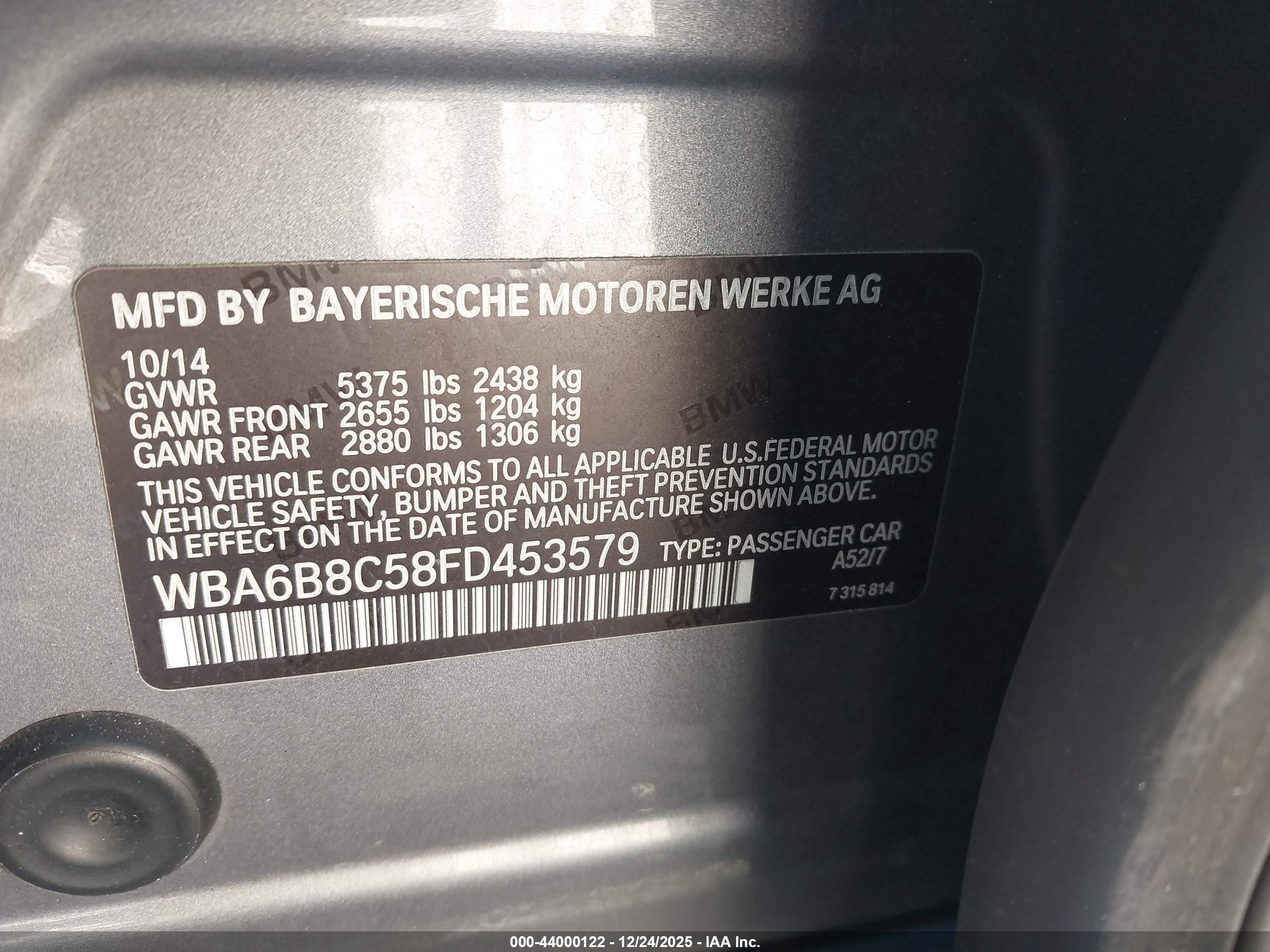 2015 Bmw 640i Gran Coupe Xdrive Gray vin: WBA6B8C58FD453579