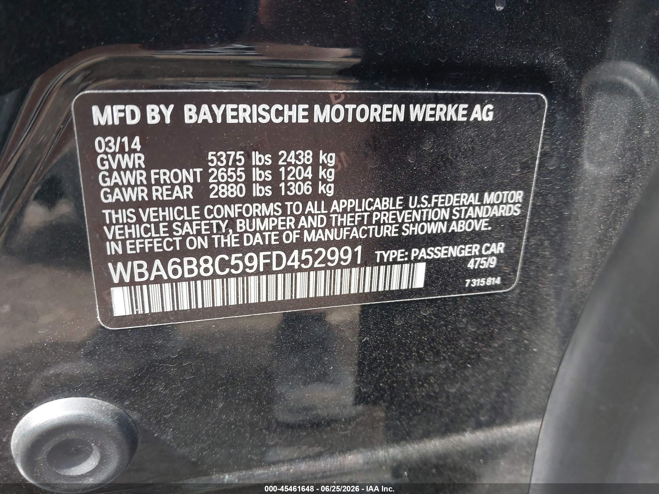 2015 Bmw 640i Gran Coupe Xdrive Черный vin: WBA6B8C59FD452991