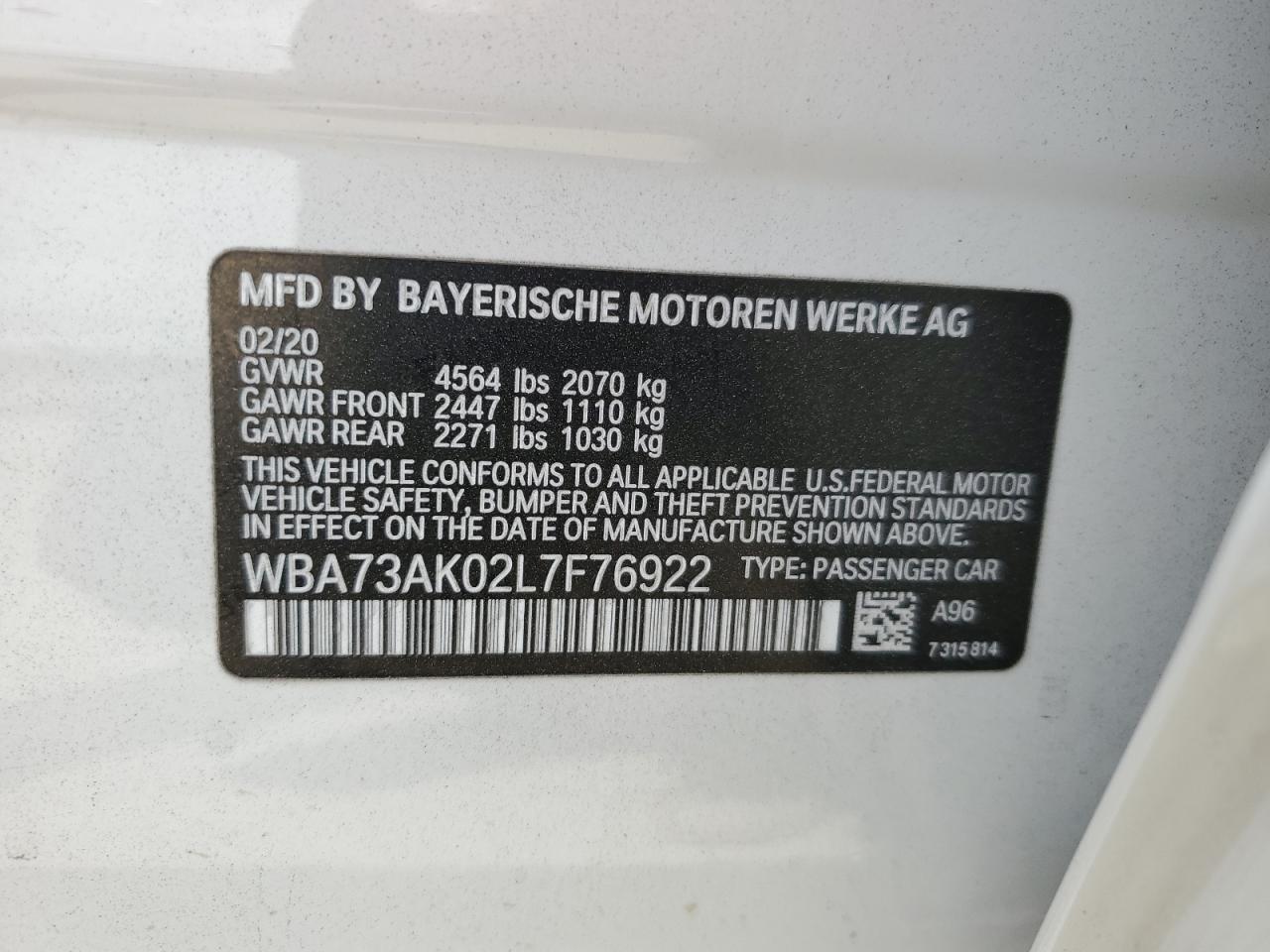2020 Bmw 228xi    White vin: WBA73AK02L7F76922