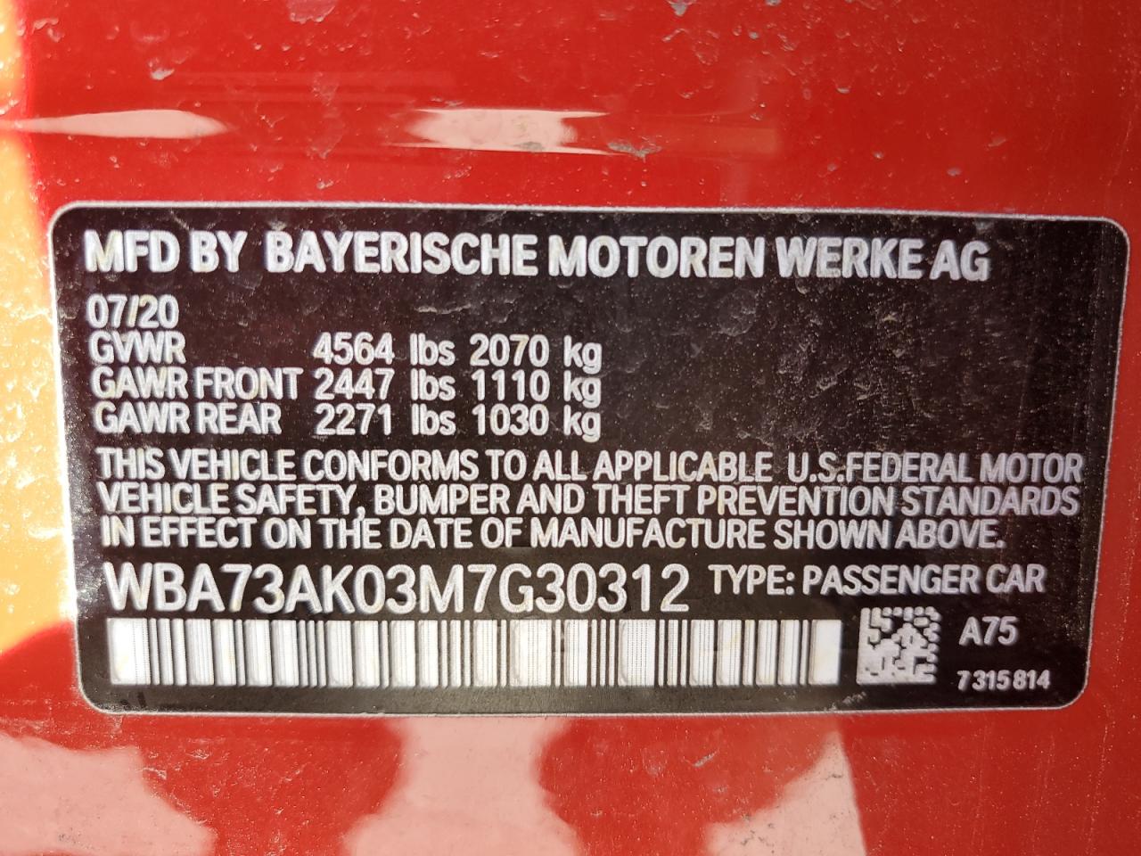 2021 Bmw 228xi    Red vin: WBA73AK03M7G30312