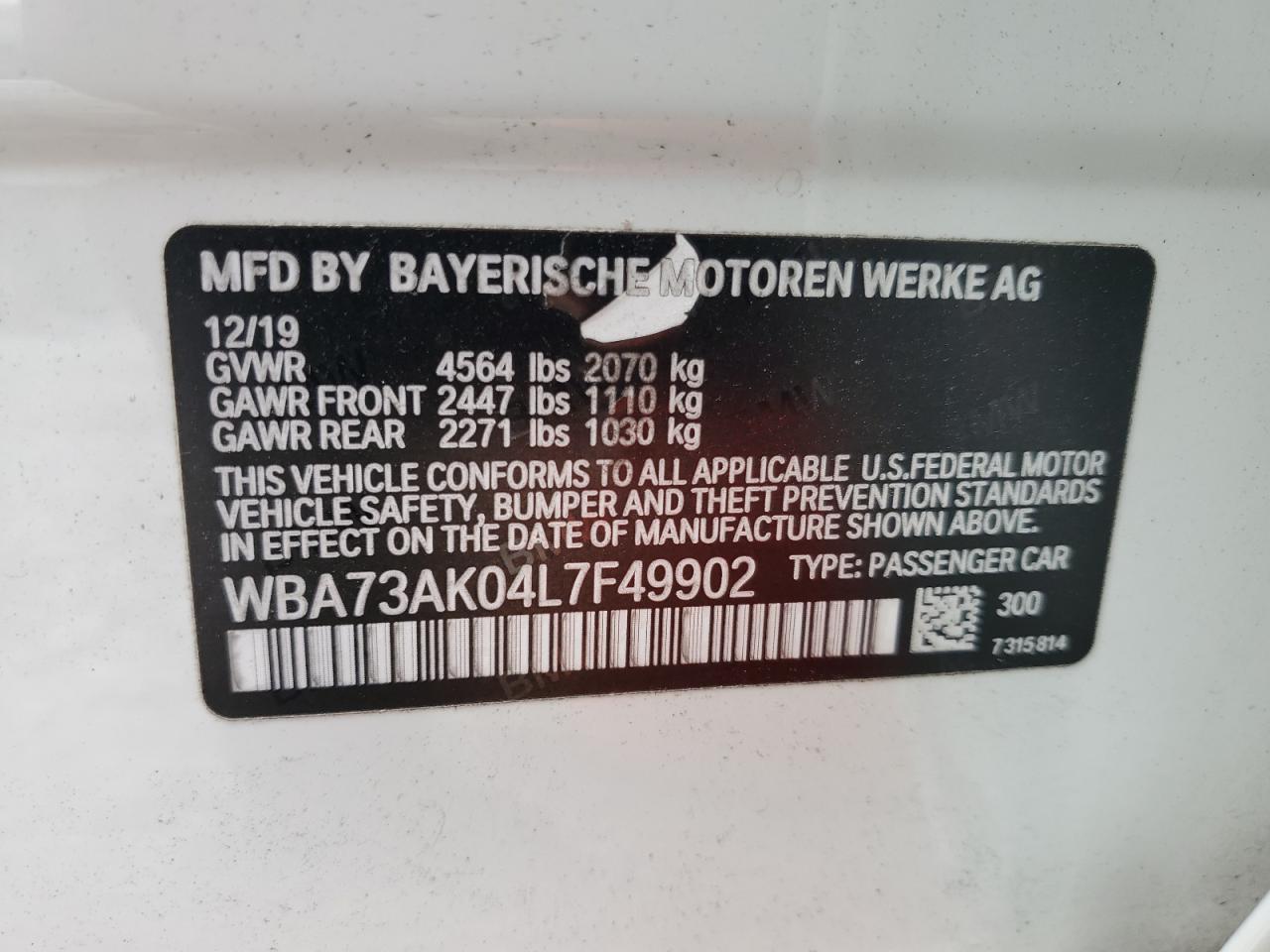 2020 Bmw 228xi    White vin: WBA73AK04L7F49902