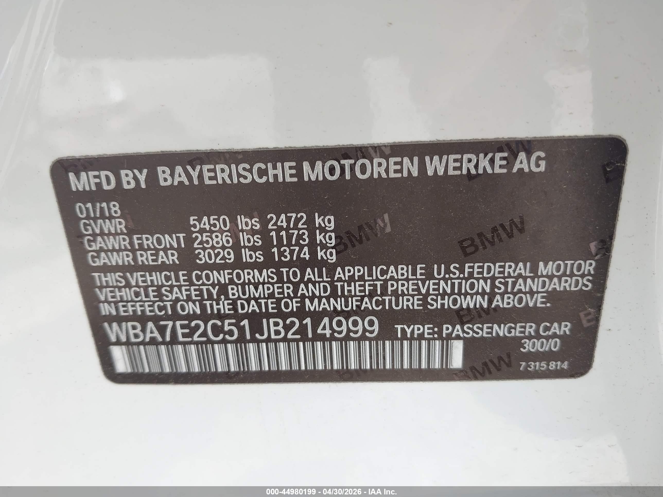 2018 Bmw 740i   White vin: WBA7E2C51JB214999