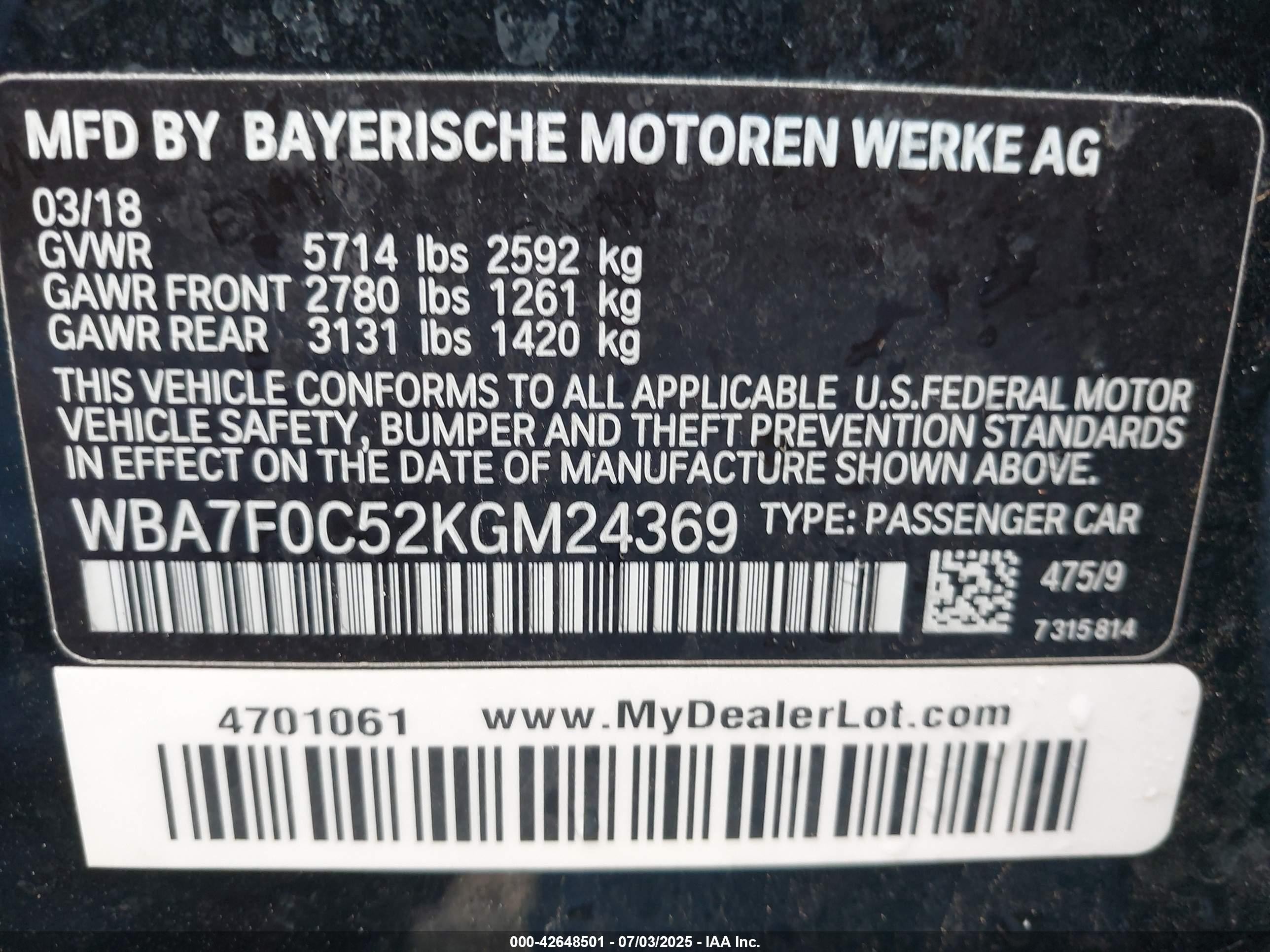 2019 Bmw 750i Black vin: WBA7F0C52KGM24369