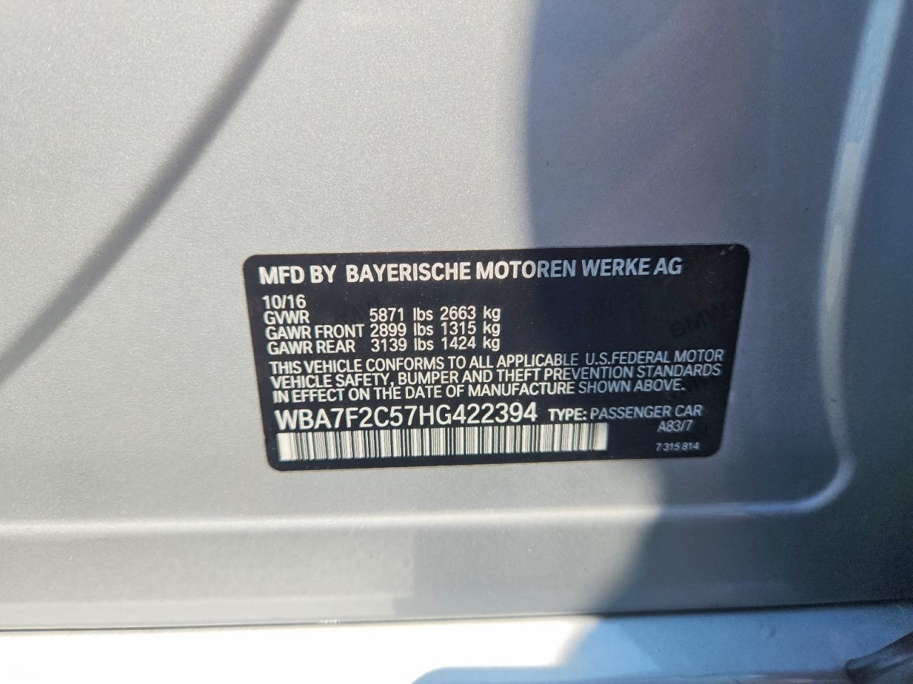 2017 Bmw 750 Xi Серебряный vin: WBA7F2C57HG422394