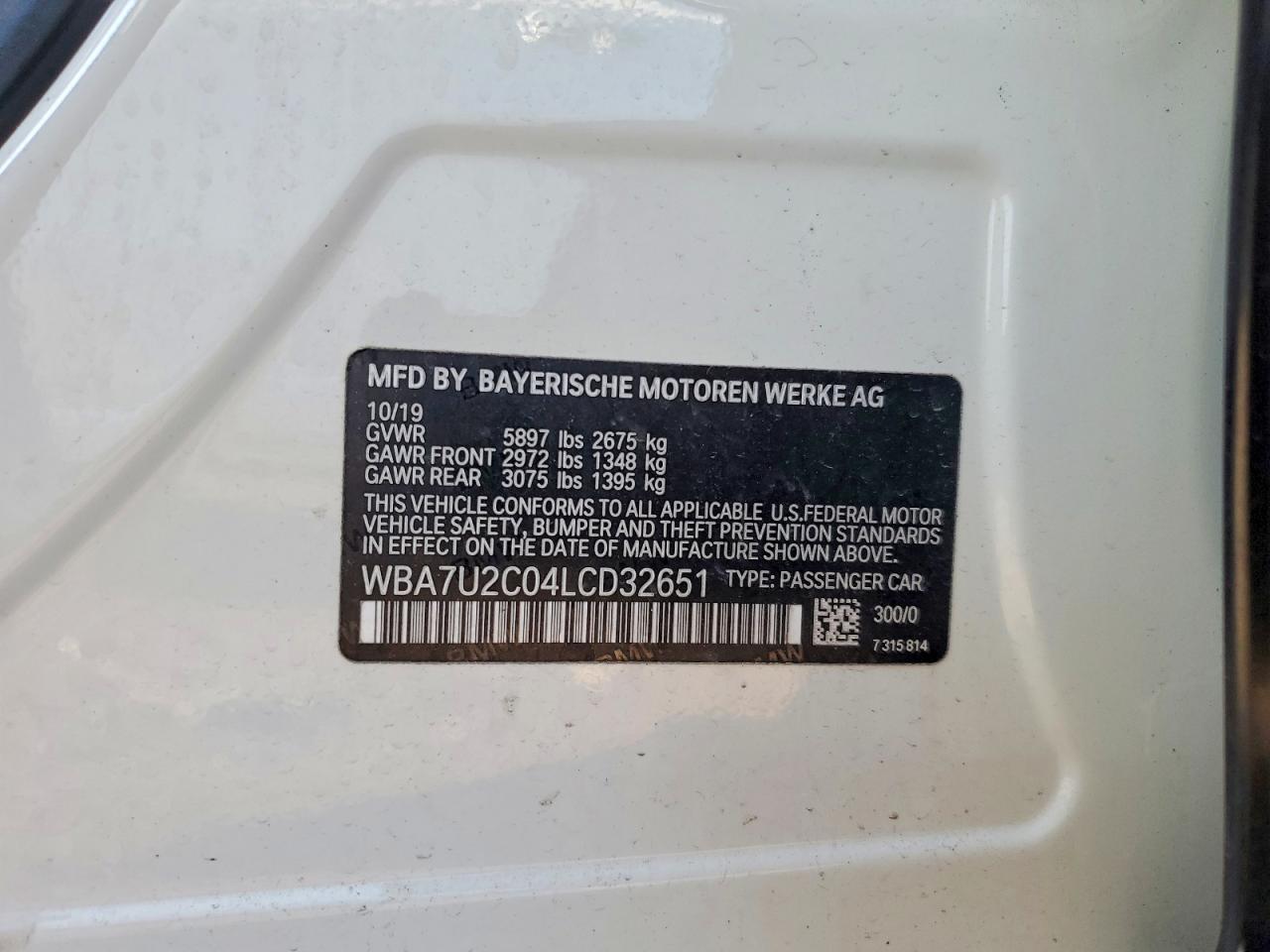 2020 Bmw 750 Xi White vin: WBA7U2C04LCD32651