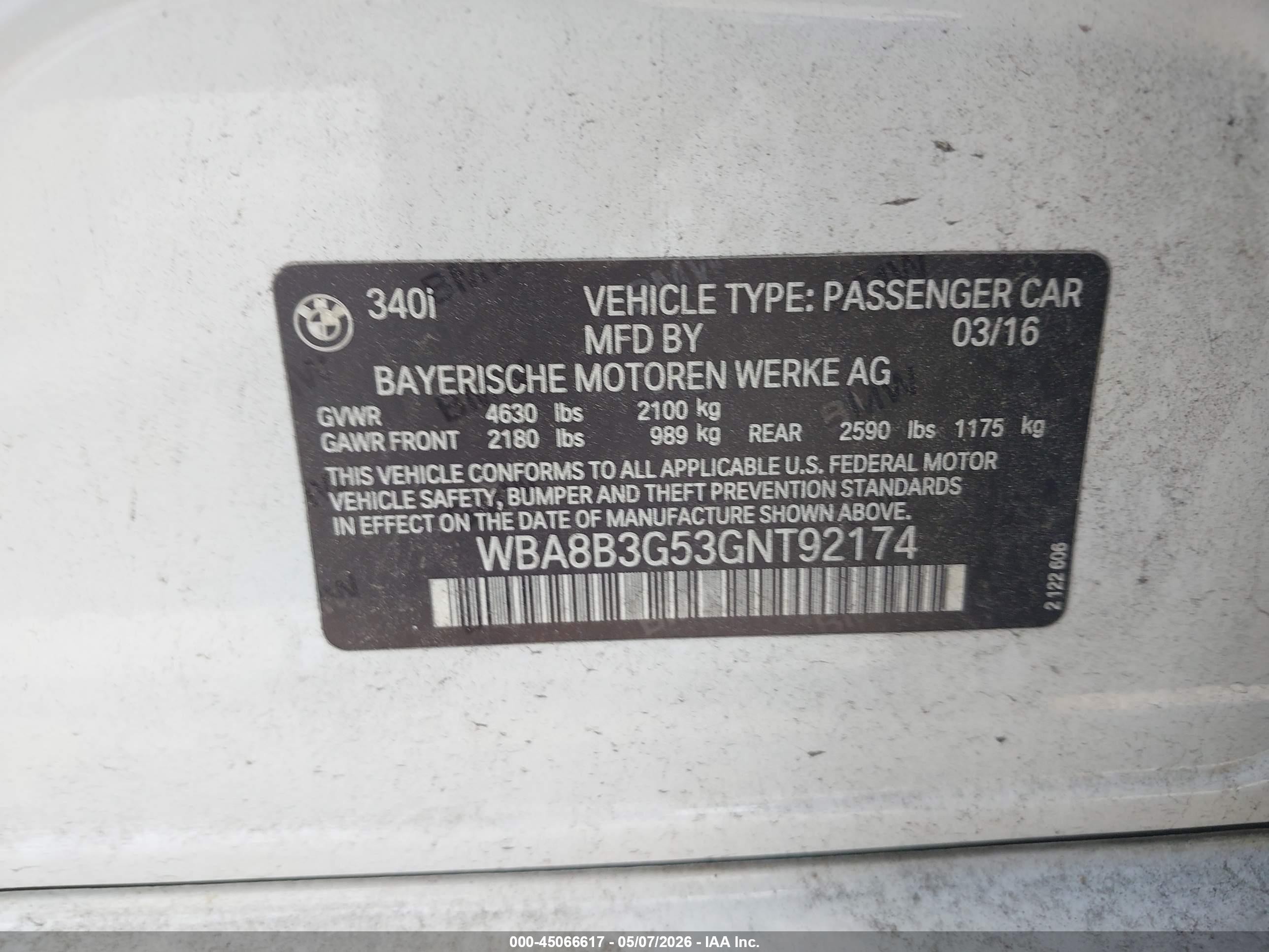 2016 Bmw 340i   White vin: WBA8B3G53GNT92174