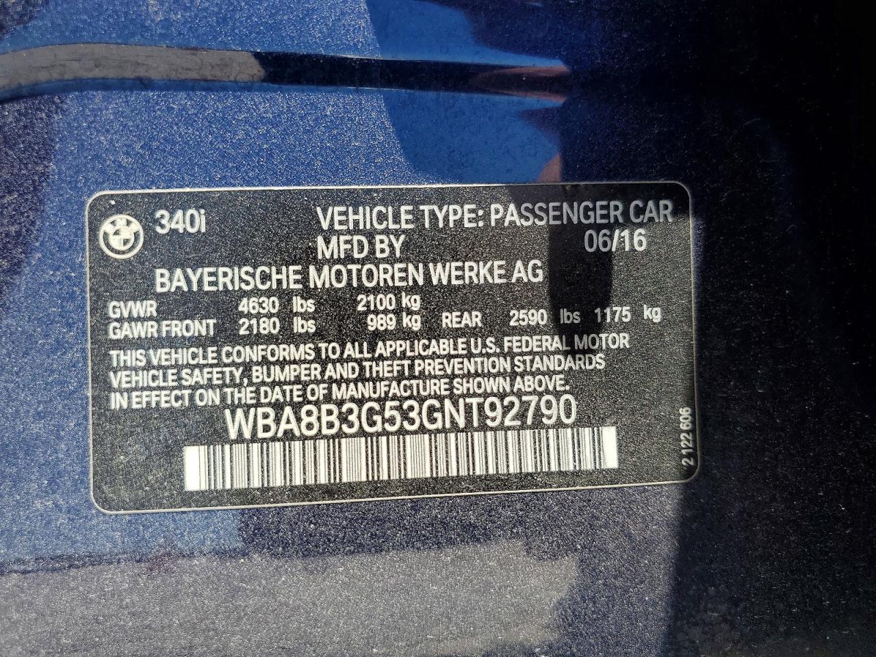 2016 Bmw 340 Blue vin: WBA8B3G53GNT92790