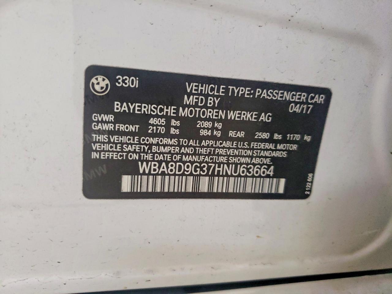 2017 Bmw 330 Xi White vin: WBA8D9G37HNU63664
