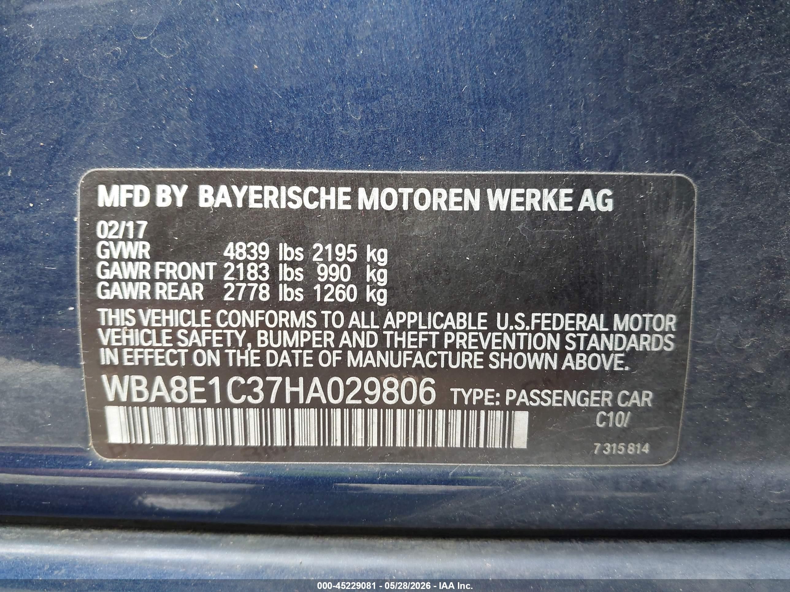 2017 Bmw 330e Iperformance Blue vin: WBA8E1C37HA029806