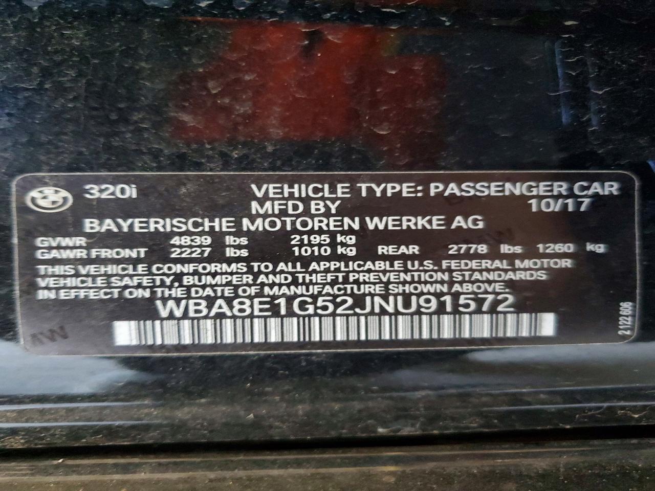 2018 Bmw 320 I Черный vin: WBA8E1G52JNU91572