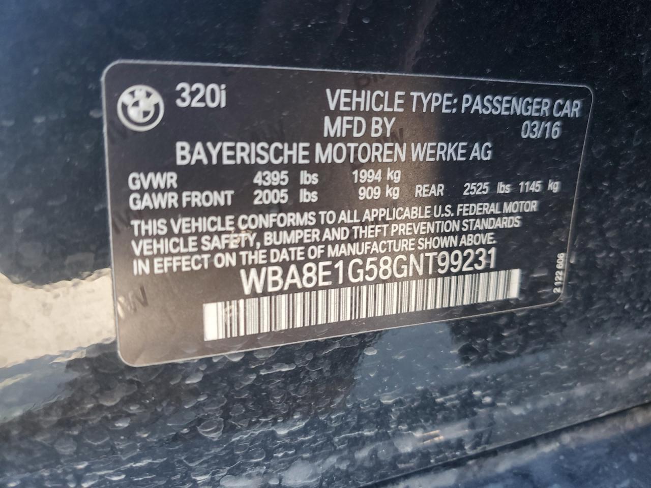2016 Bmw 320 I Черный vin: WBA8E1G58GNT99231