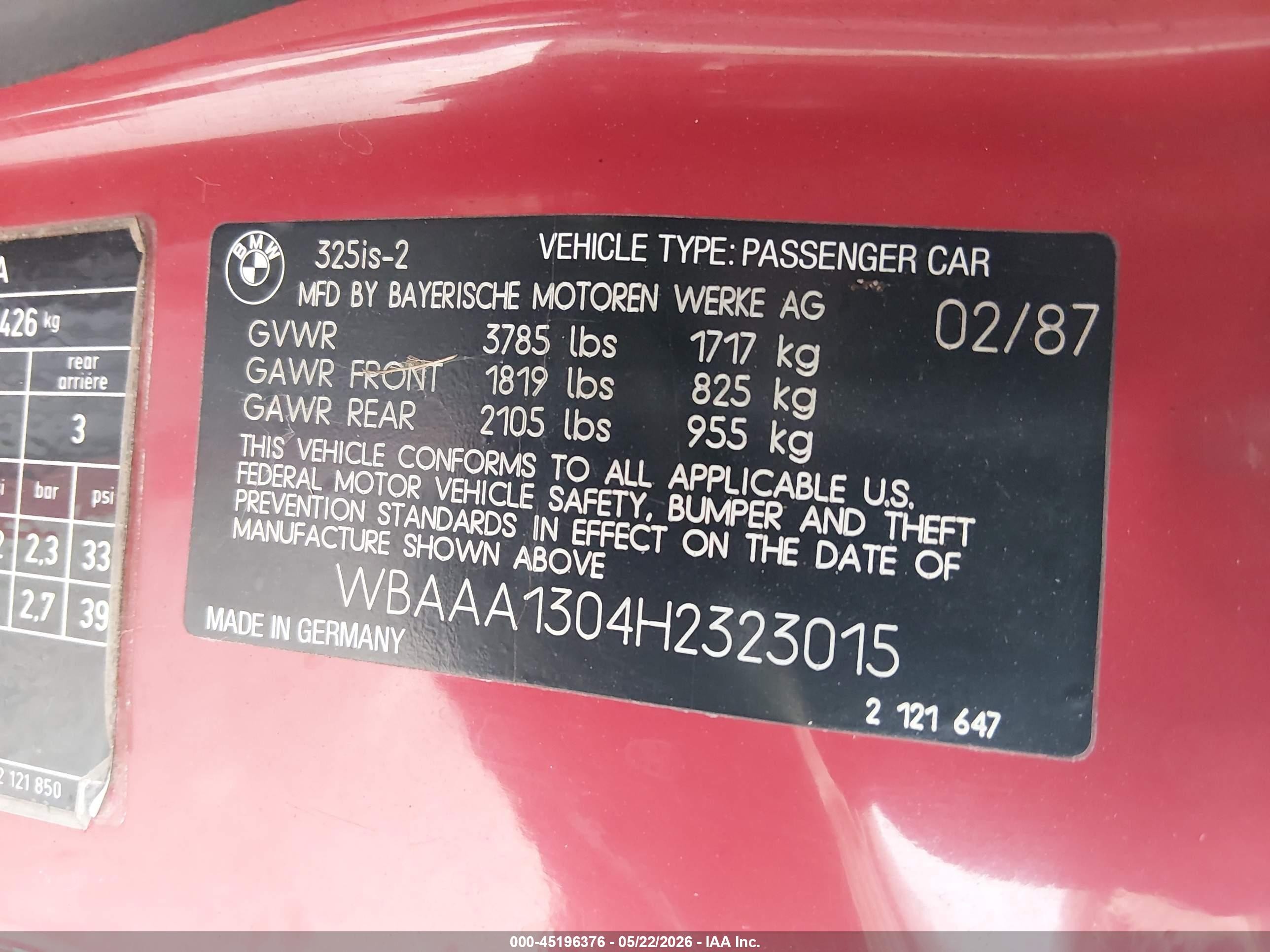 1987 Bmw 325 Is Red vin: WBAAA1304H2323015