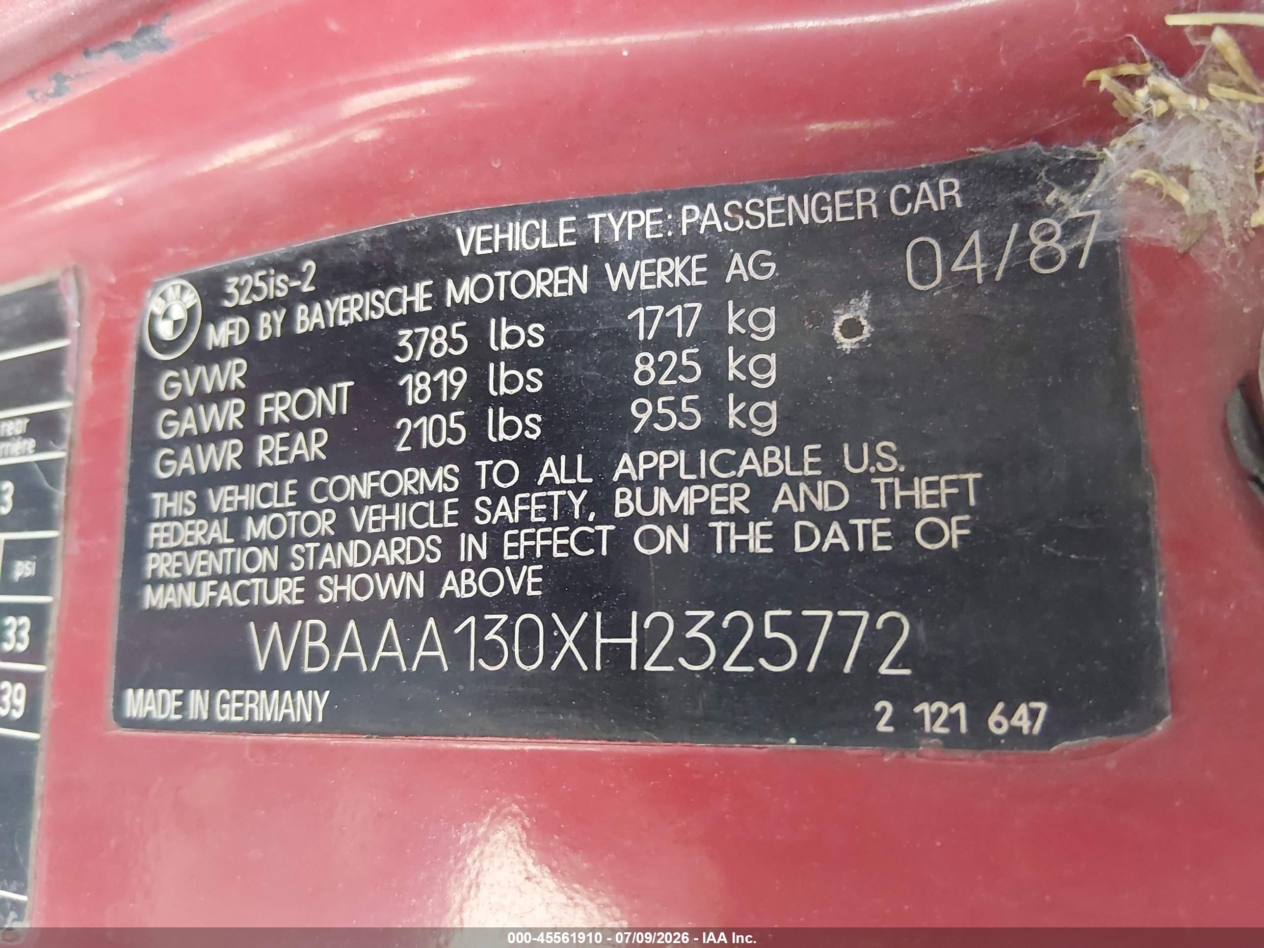 1987 Bmw 325 Is Красный vin: WBAAA130XH2325772