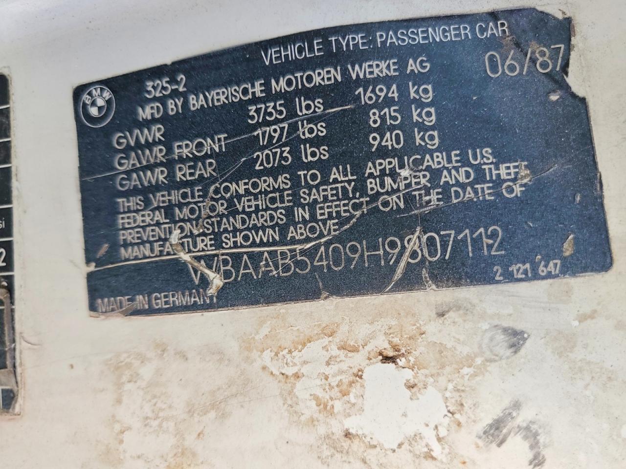 1987 Bmw 325 Base Белый vin: WBAAB5409H9807112
