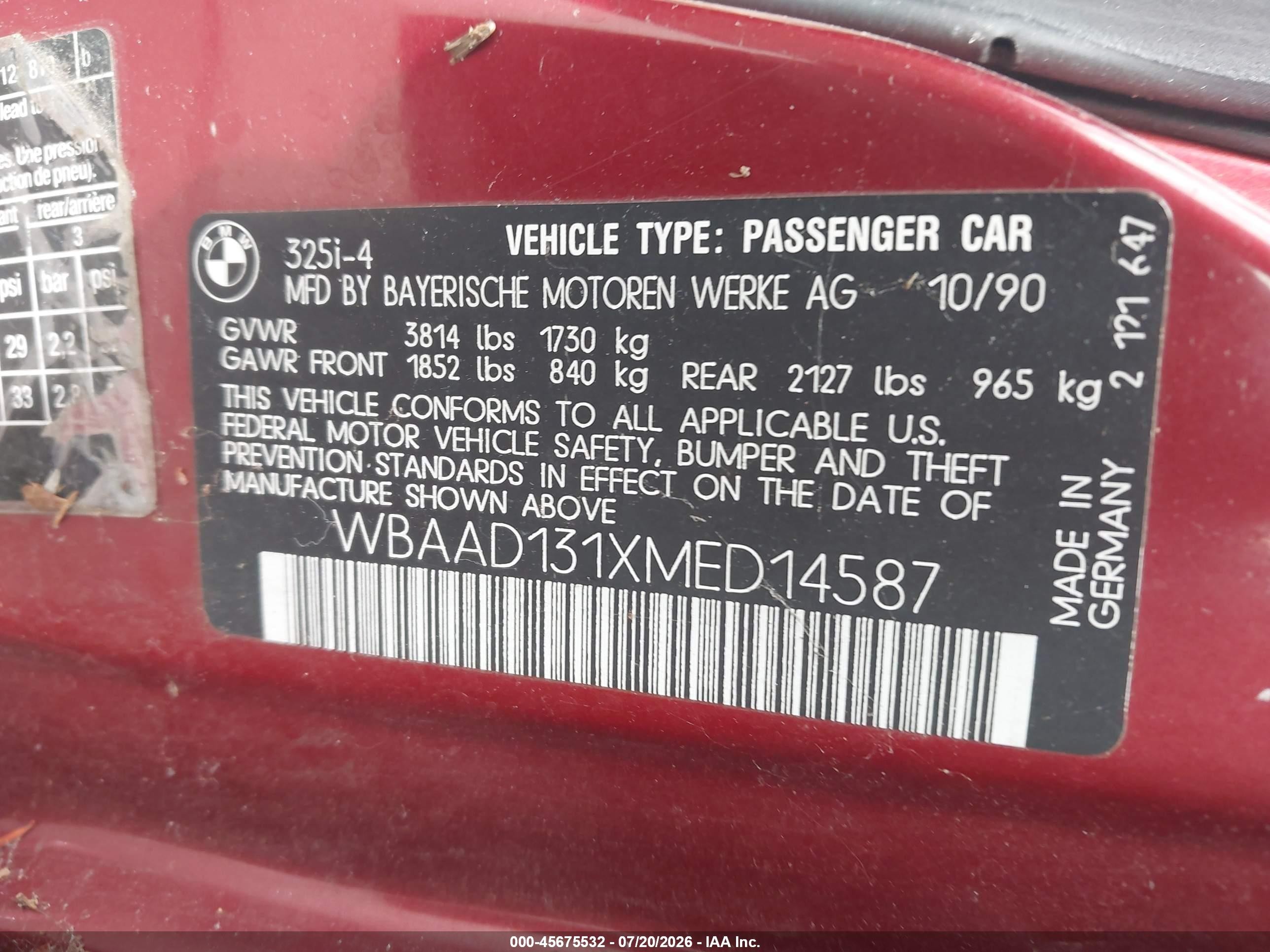 1991 Bmw 325 I Красный vin: WBAAD131XMED14587