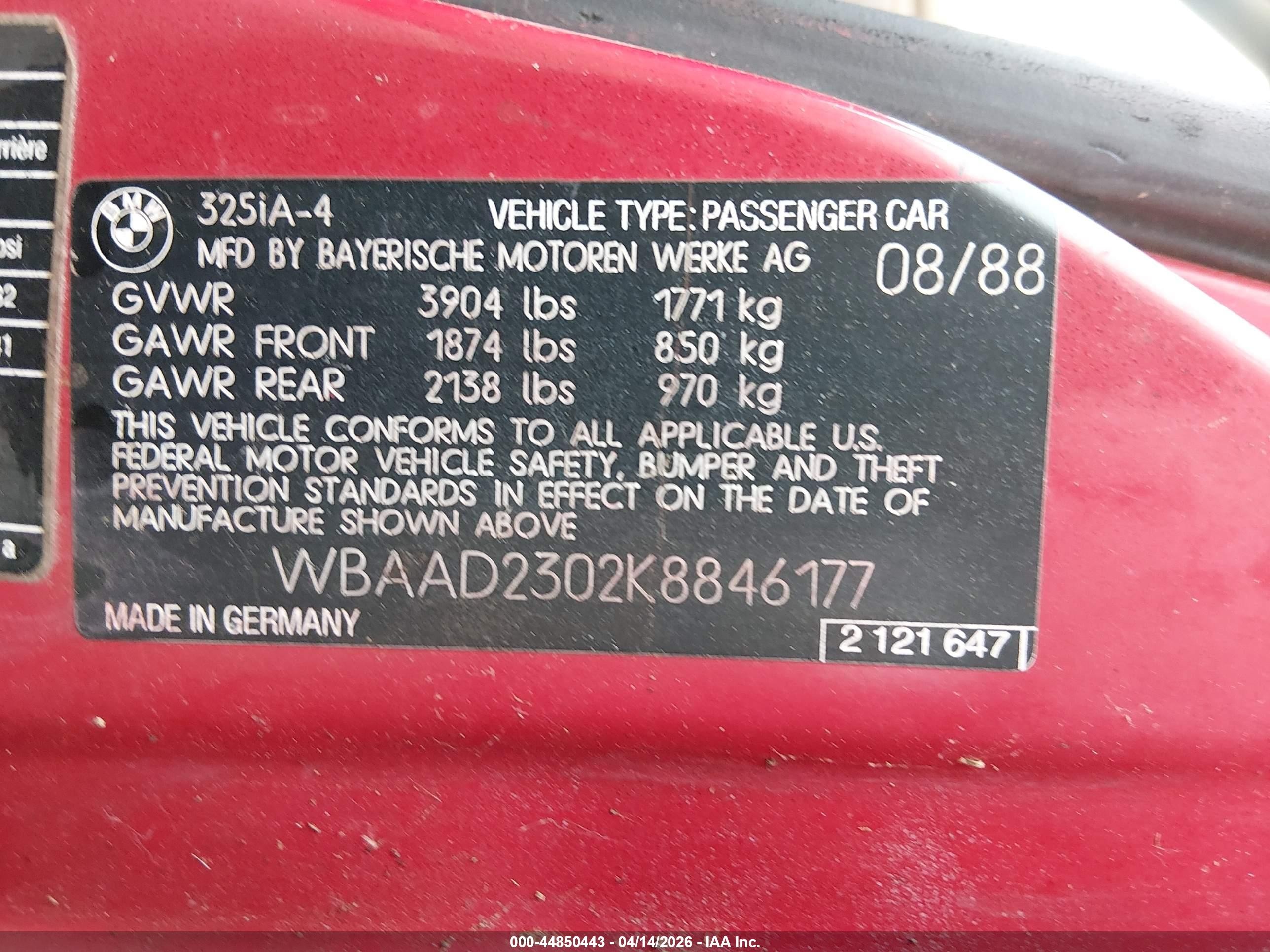 1989 Bmw 325 I Automatic Red vin: WBAAD2302K8846177
