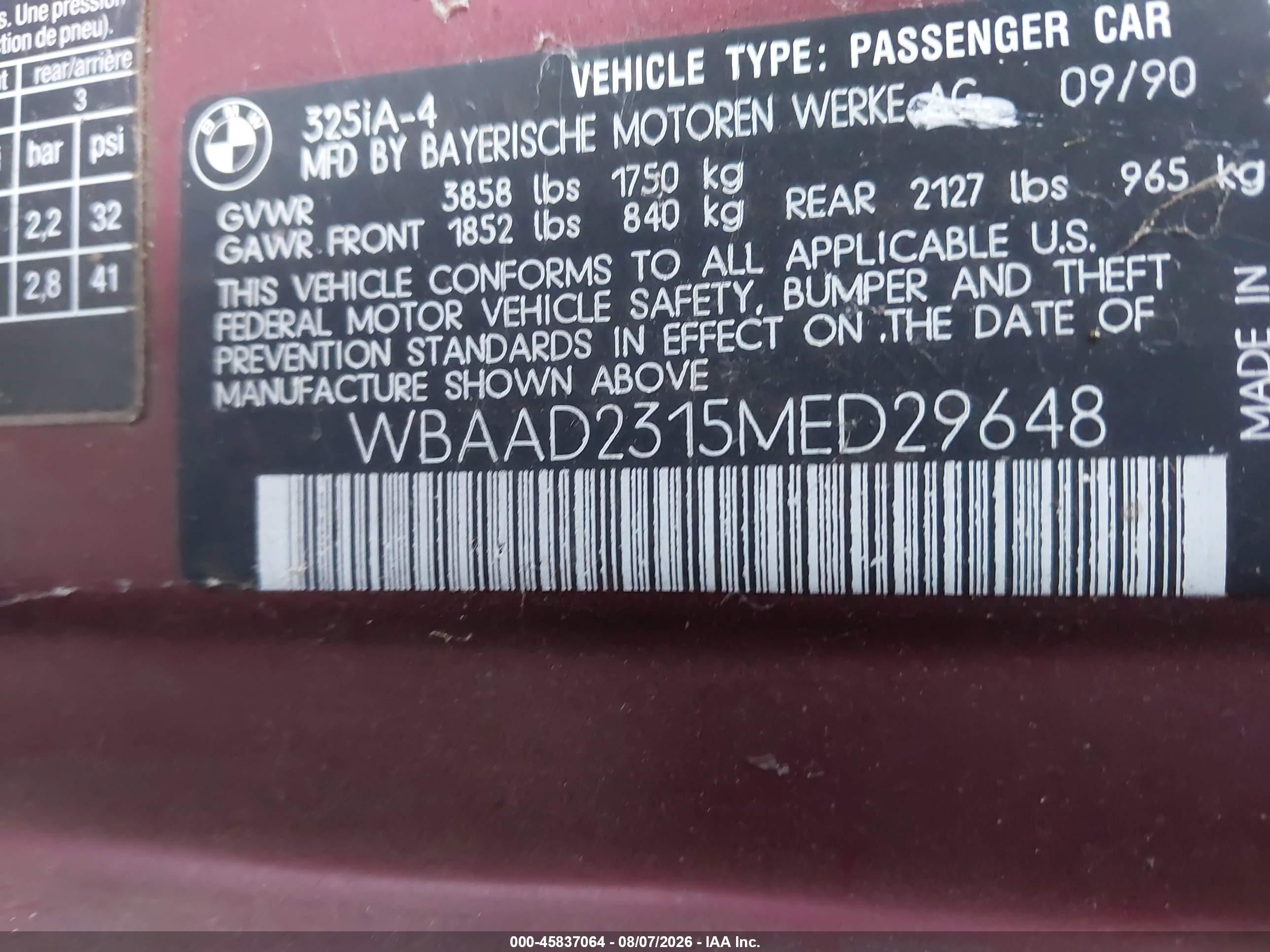 1991 Bmw 325 I Automatic Красный vin: WBAAD2315MED29648