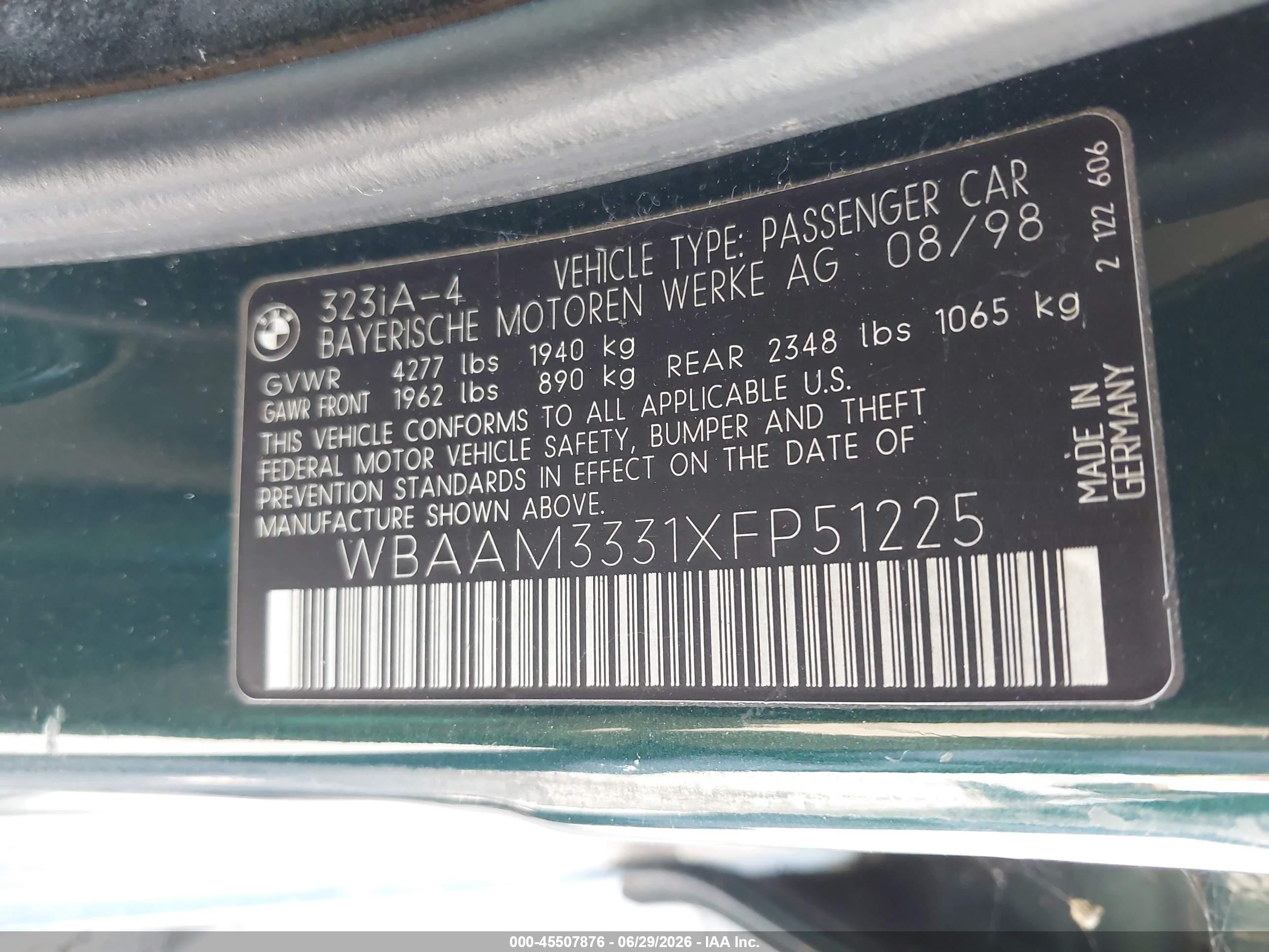 1999 Bmw 323i   Green vin: WBAAM3331XFP51225