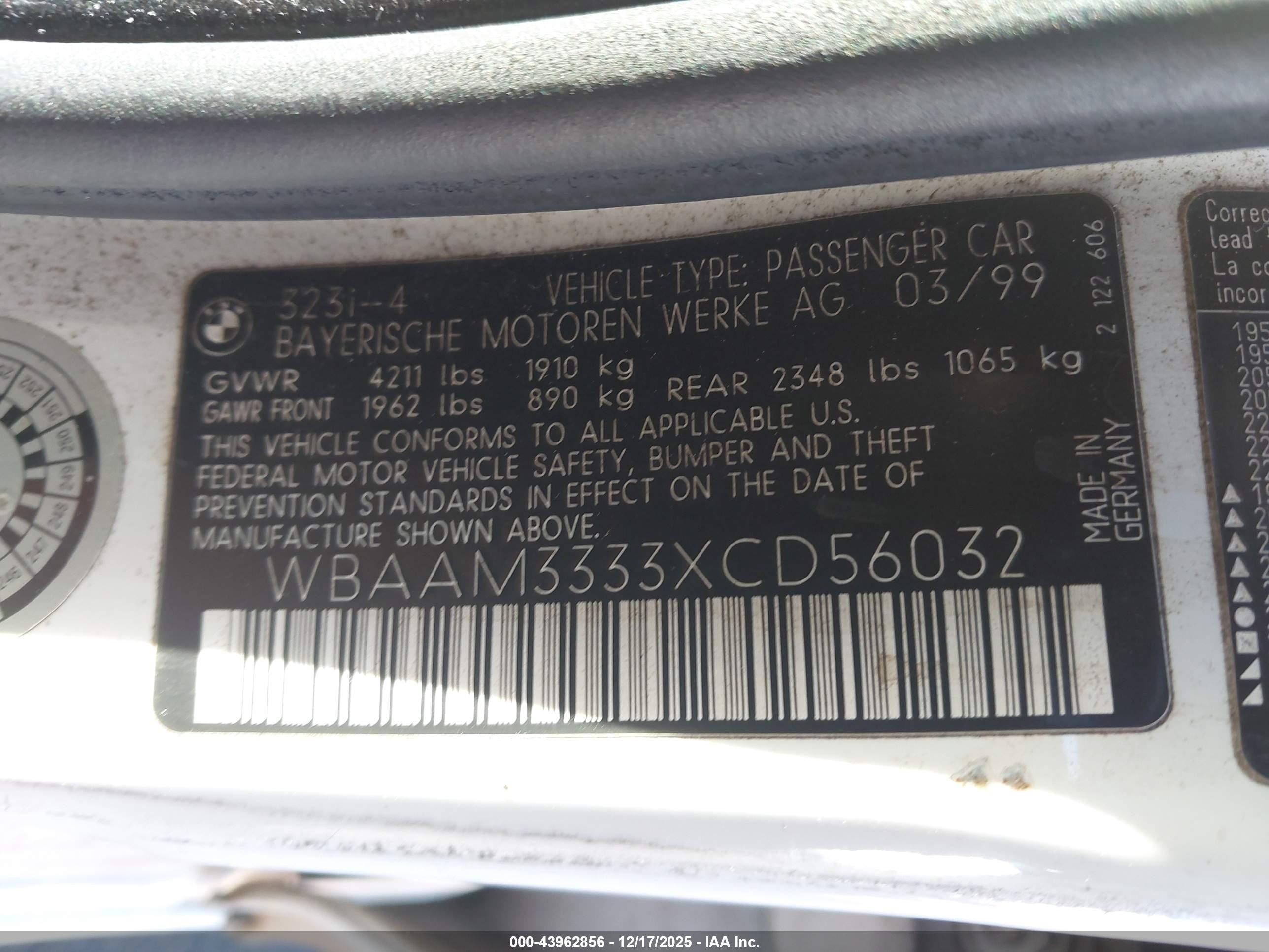 1999 Bmw 323i   White vin: WBAAM3333XCD56032