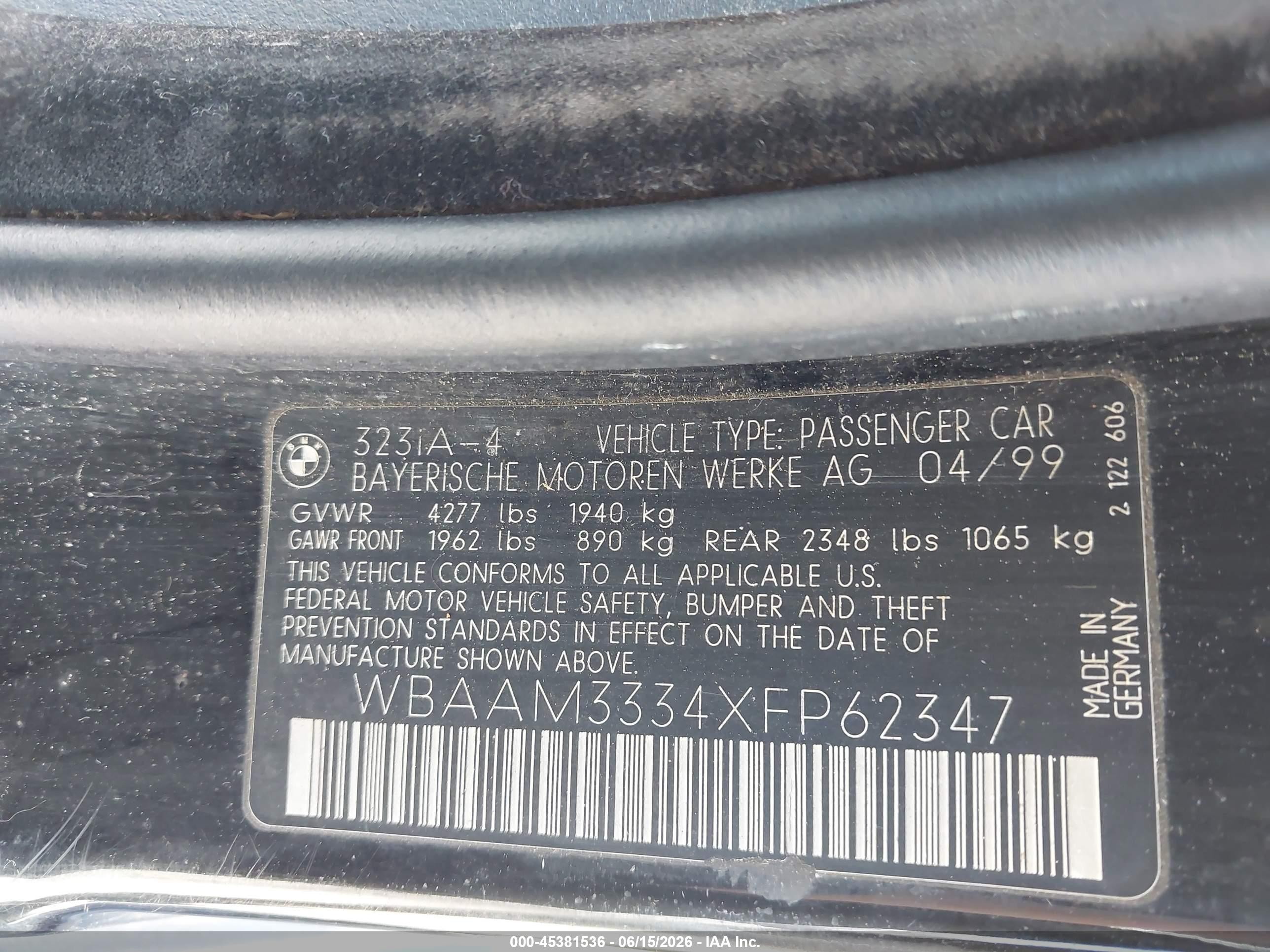 1999 Bmw 323i   Black vin: WBAAM3334XFP62347