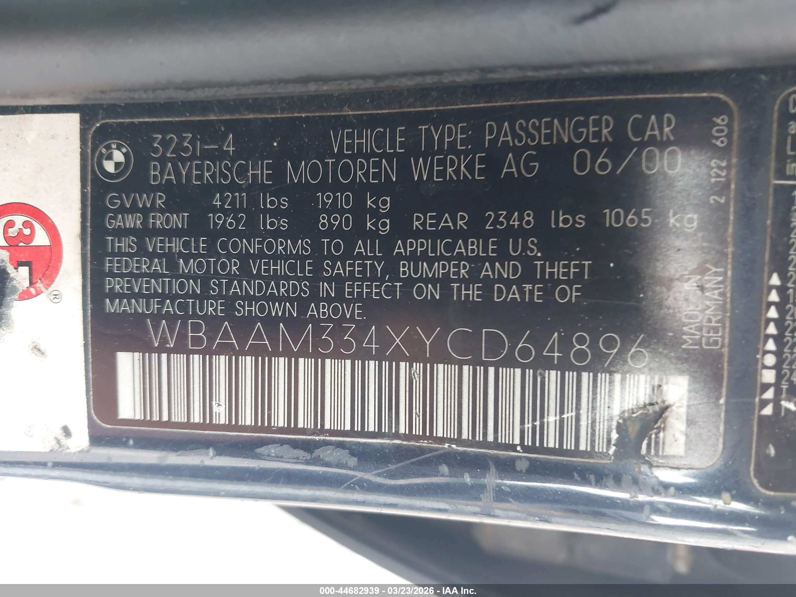 2000 Bmw 323i   Blue vin: WBAAM334XYCD64896