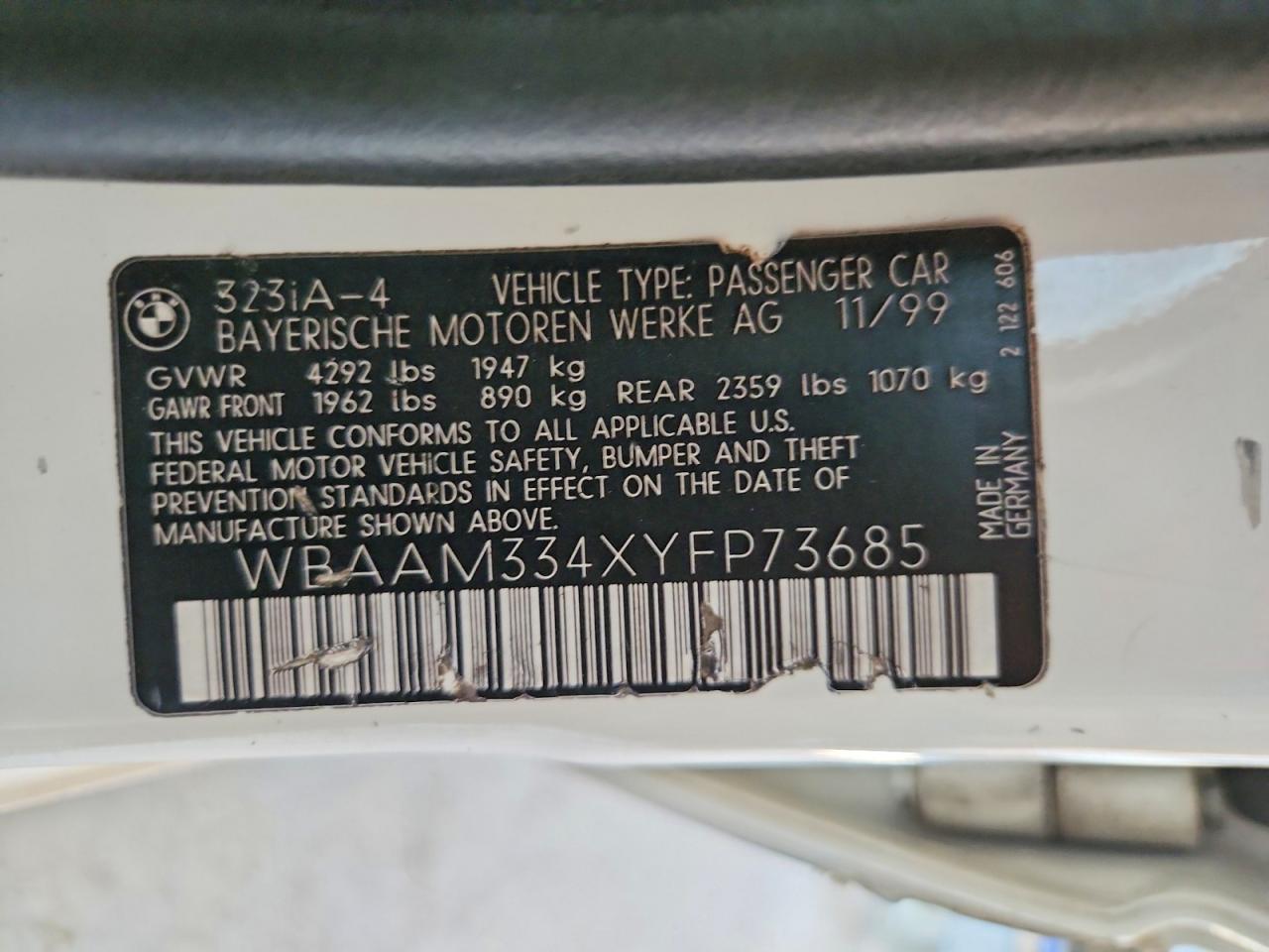 2000 Bmw 323 I White vin: WBAAM334XYFP73685