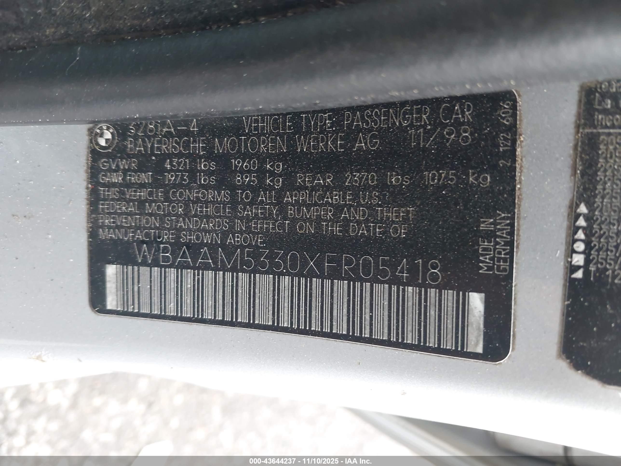 1999 Bmw 328i   Silver vin: WBAAM5330XFR05418