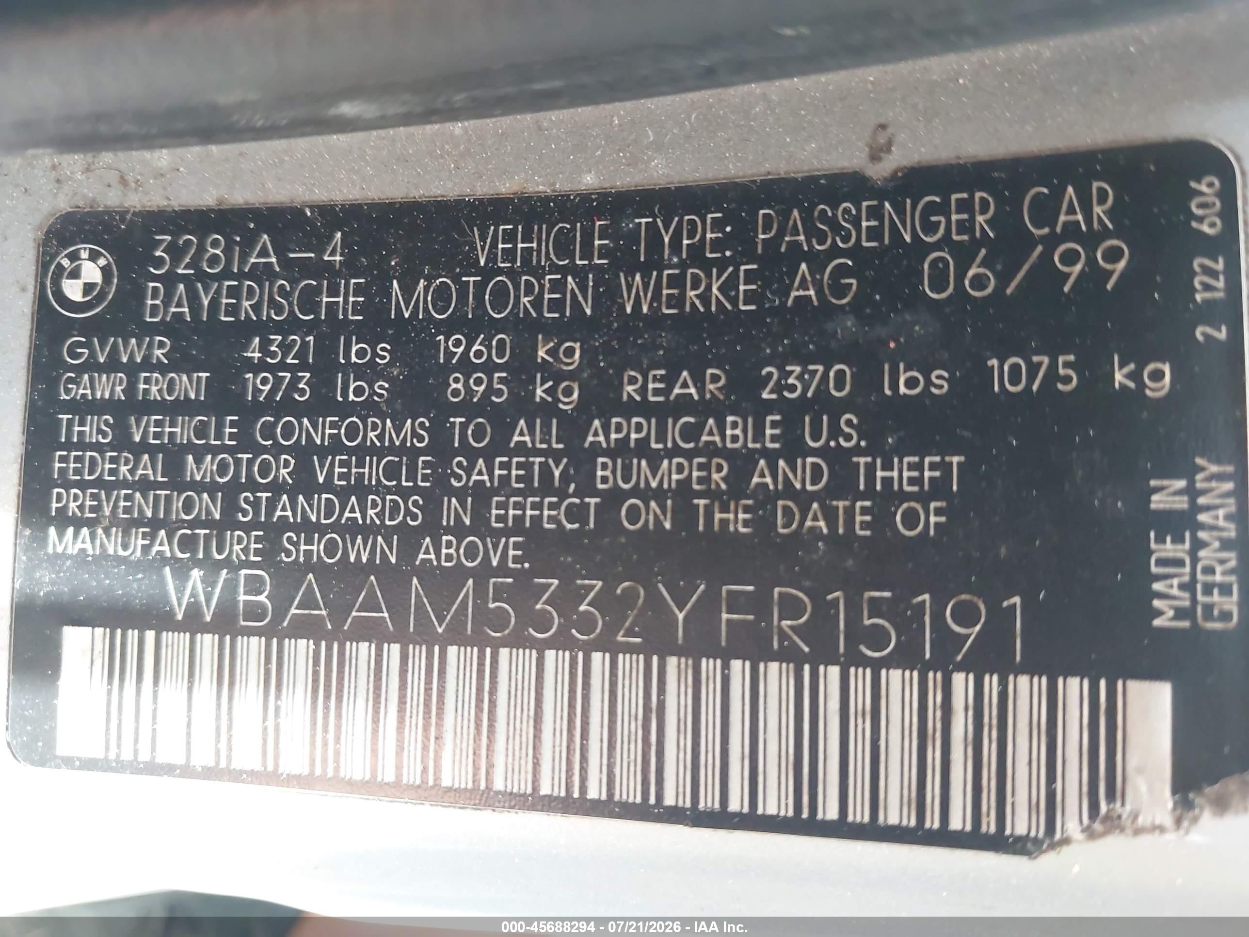 2000 Bmw 328i   Gray vin: WBAAM5332YFR15191